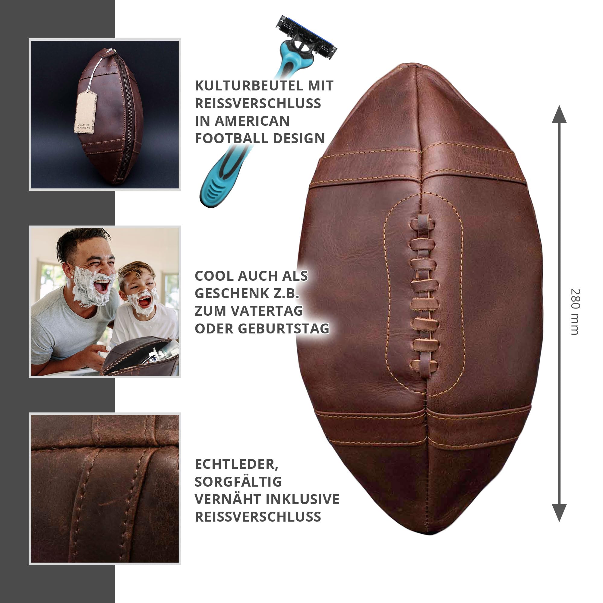 Monsterzeug American Football Kulturbeutel, Football Geschenke für Männer, Leder Kulturtasche, Kosmetiktasche, Waschtasche, Herren Necessaire, Toiletttasche, Reise Kulturtaschen, Waschbeutel, Tasche