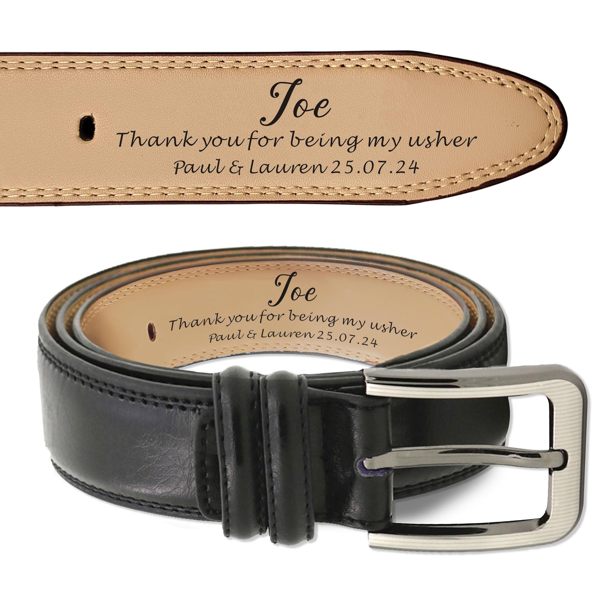 EDSG Personalized Leather Belt for Men Personalized Mens Belt Custom Engraved Leather Belt Gifts for Wedding Anniversary (Black, Design 2)