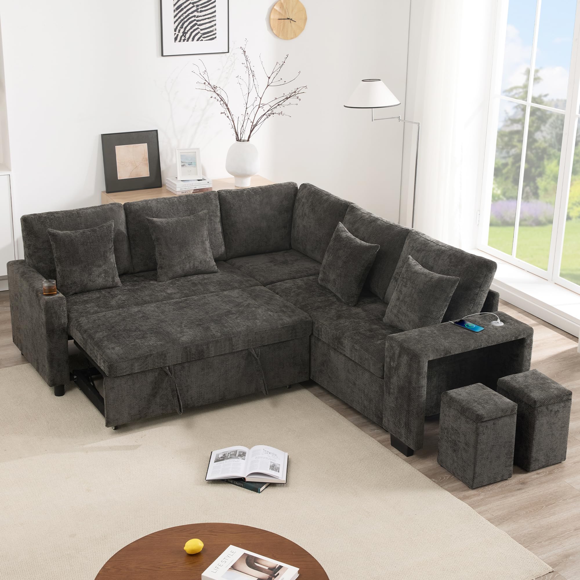 Sofa narożna z funkcją spania i miejscem do przechowywania – modułowa sofa i sofa z funkcją spania, USB-C, uchwyt na napoje, szenilowy, w zestawie poduszki, do salonu, kina domowego, szara