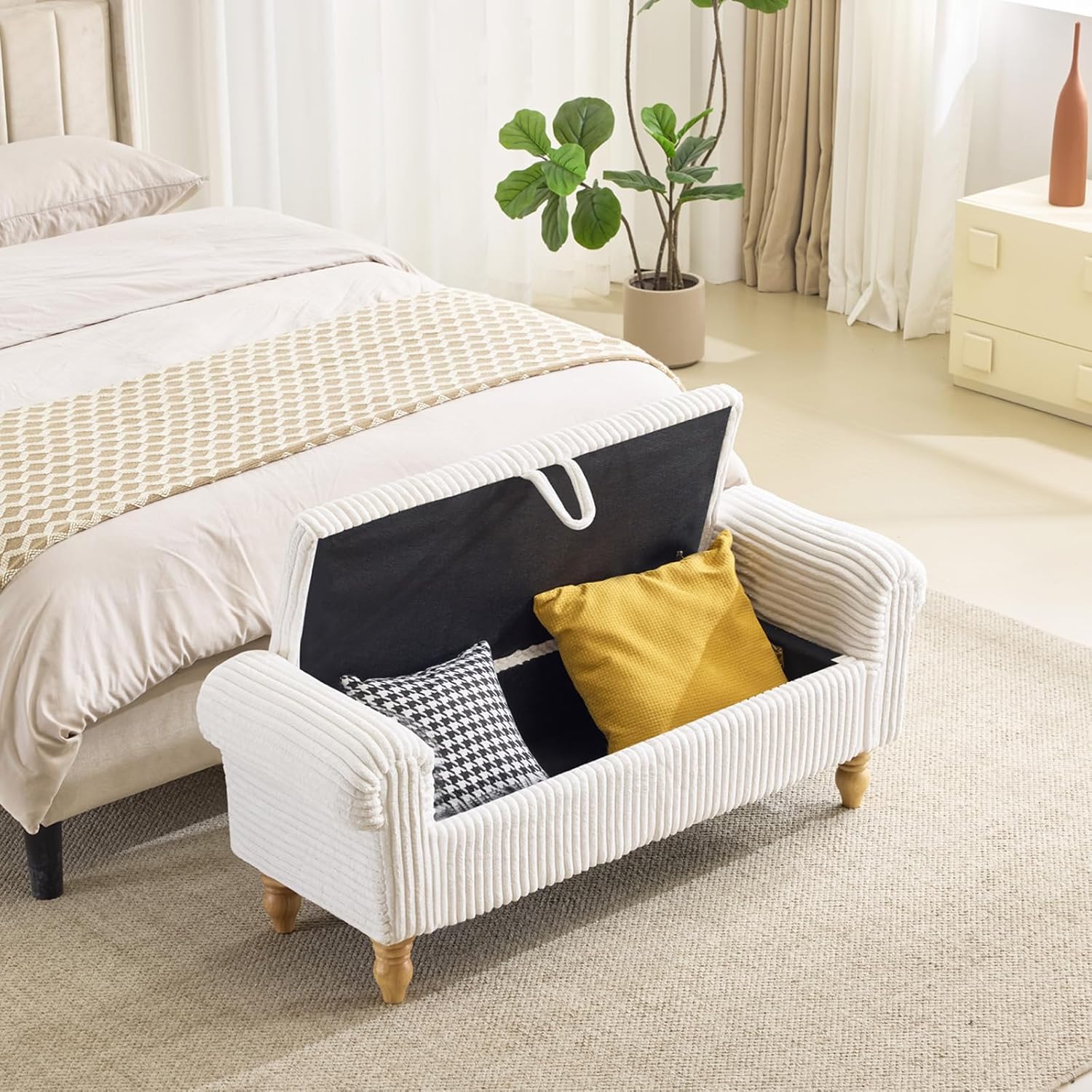 Storage Bench for Bedroom, Ottoman with Storage, Upholstered Ottomans Benches with Rolled Arms for Bedroom End of Bed, Living Room, Entryway (Corduroy/White)