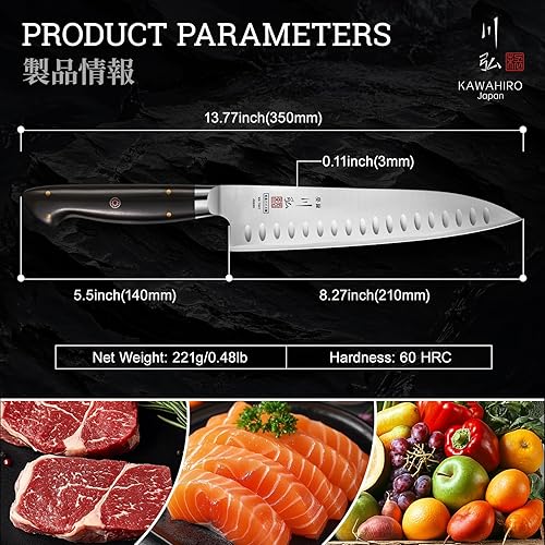 Miniatura 6 de KAWAHIRO Cuchillo de chef japonés, de 8.27 pulgadas, hechos a mano, de acero de aleación de alto carbono, cuchillo de chef hueco profesional con