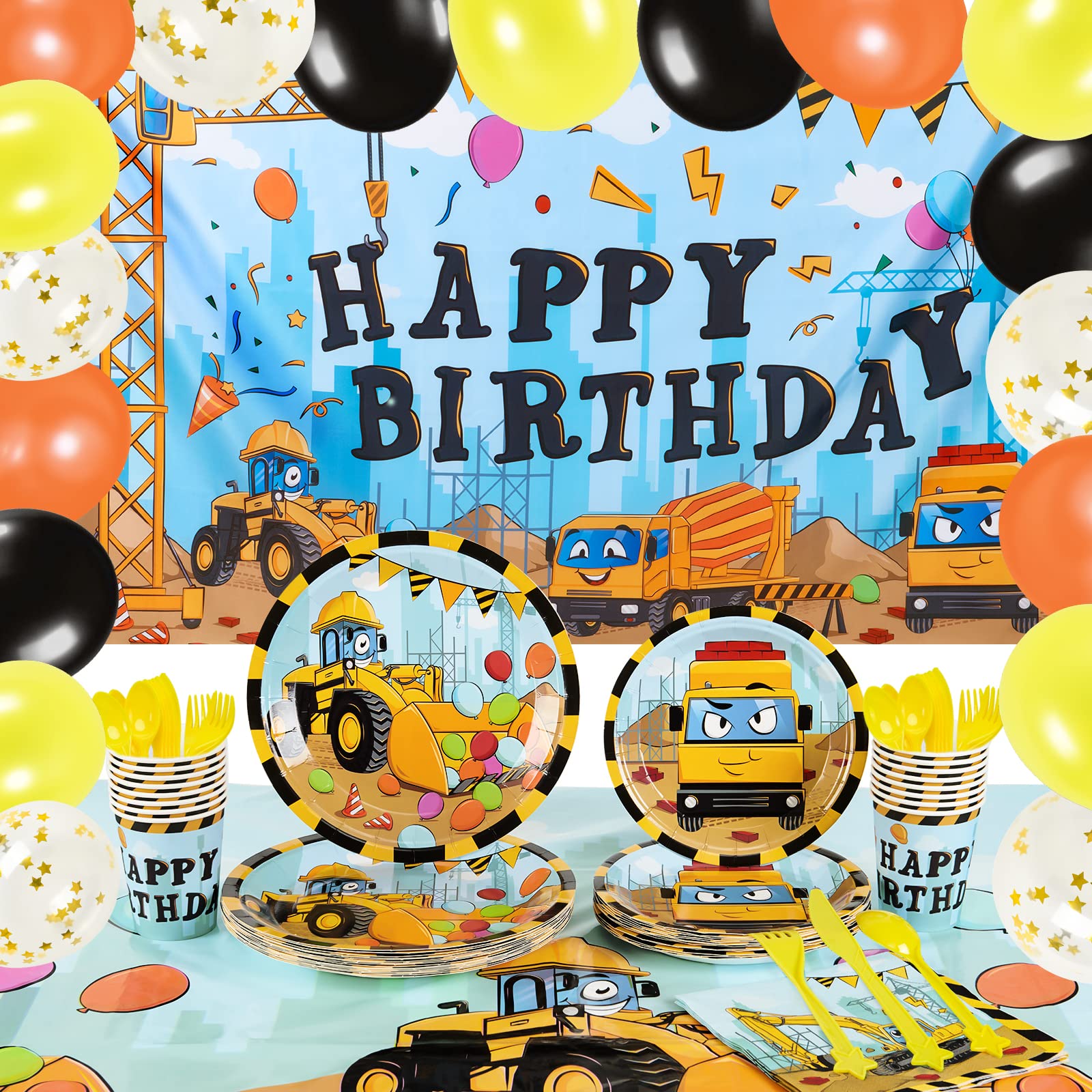 Construction Party Supplies - Construction Theme Party Decorations for Boys Birthday Backdrop Balloons Tablecloth Ribbons Dinner Dessert Plates Cups Napkins Tableware Set Serves 16 Guests 136 PCS