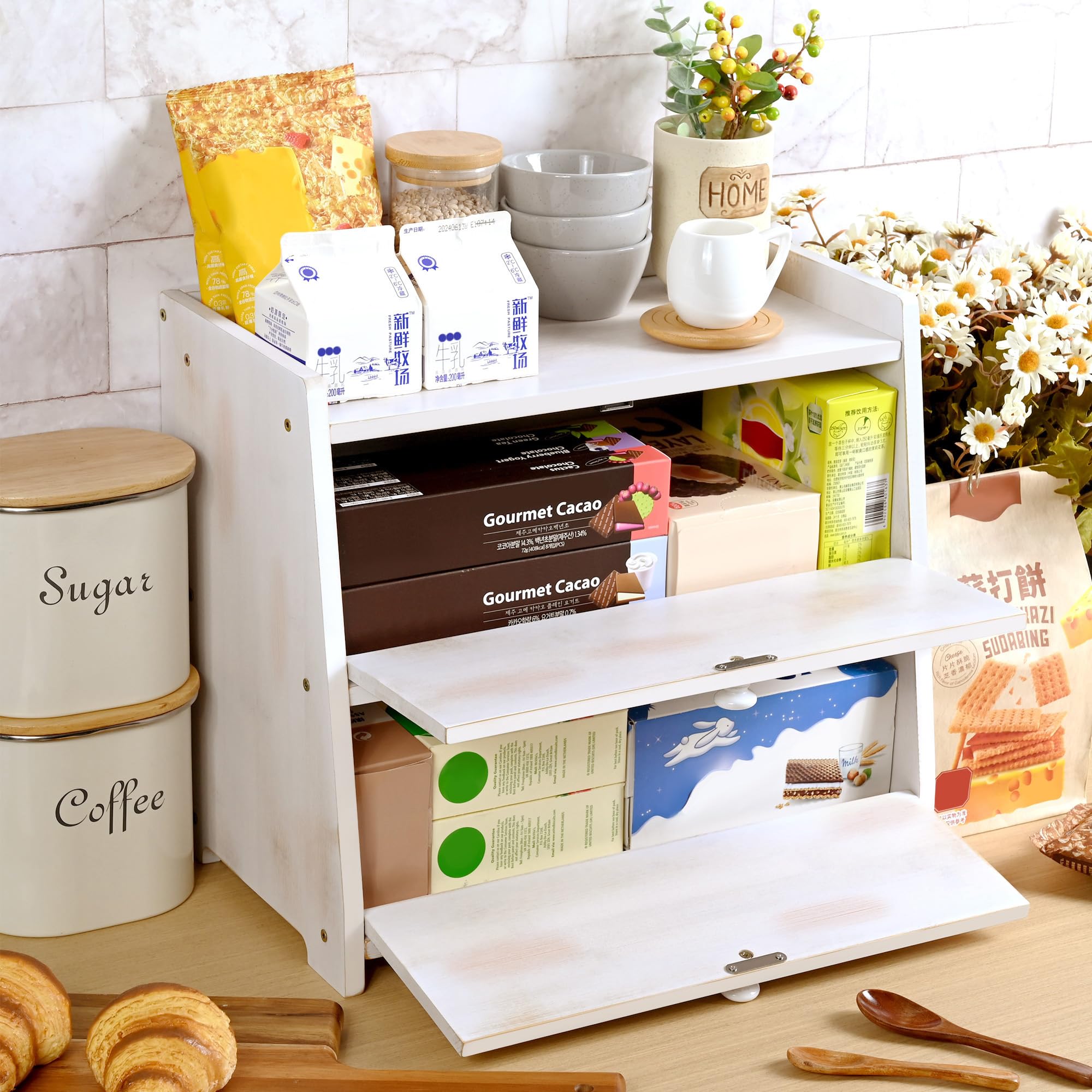 Panera vintage de doble capa para encimera de cocina, contenedor de almacenamiento de pan de bambú de gran capacidad (blanco)