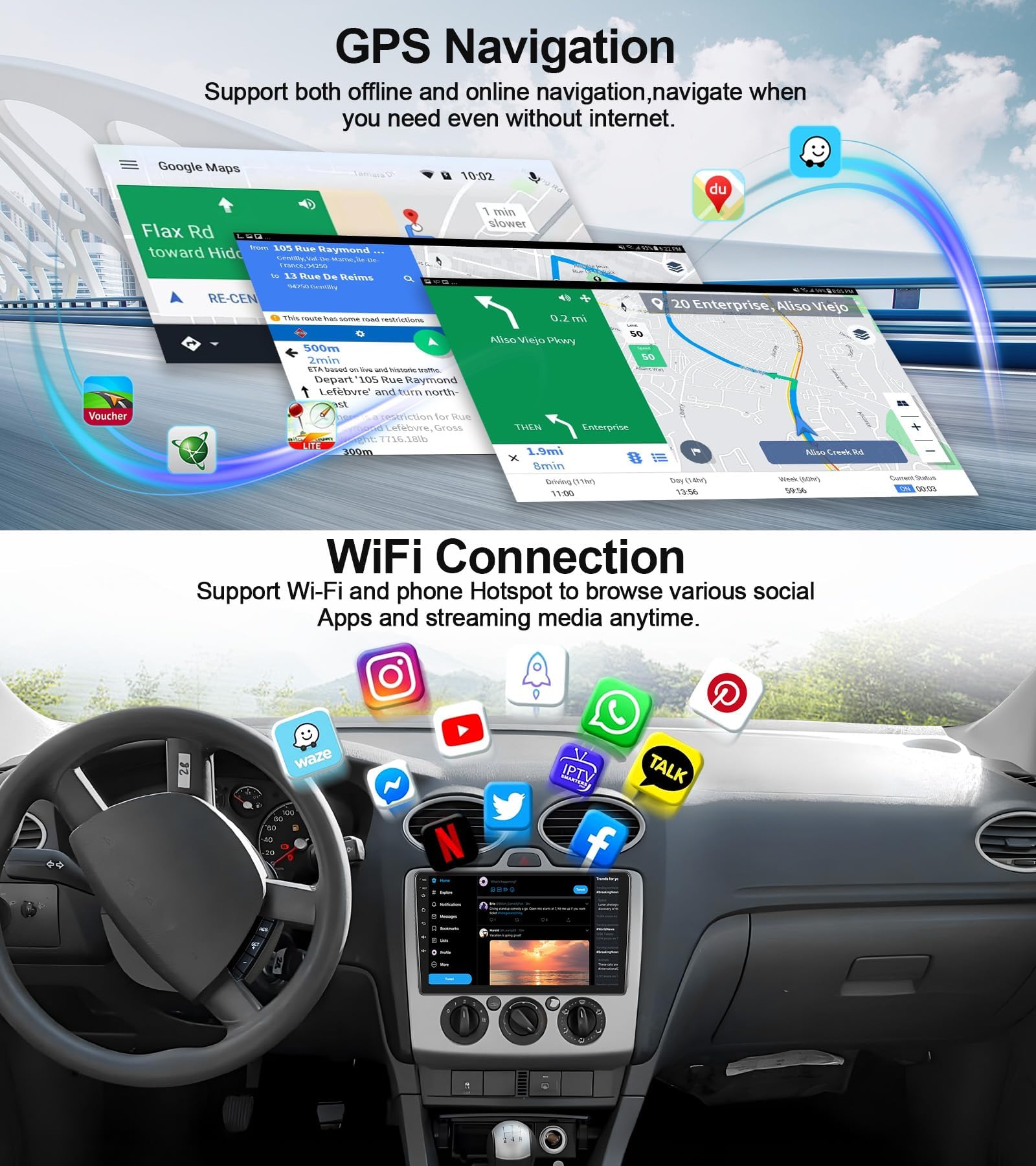 8-rdzeniowy Qualcomm Snapdragon 4G 64GB Android odtwarzacz dla F-ord Fiesta, Focus, Kuga, Transit Connect z CarPlay 9-calowy ekran dotykowy IPS, radio samochodowe z Hi-Res DSP, GPS, BT,K1 pro plus