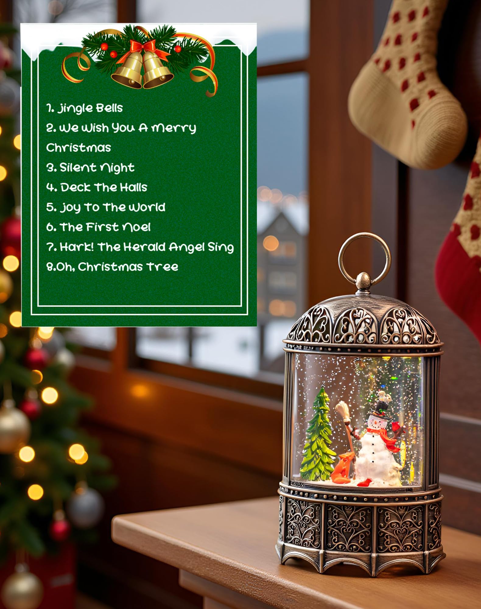 Boule à neige de Noël avec oiseaux rouges, boîte à musique, décoration intérieure, minuterie/chargement USB (30,5 cm, lanterne bonhomme de neige)