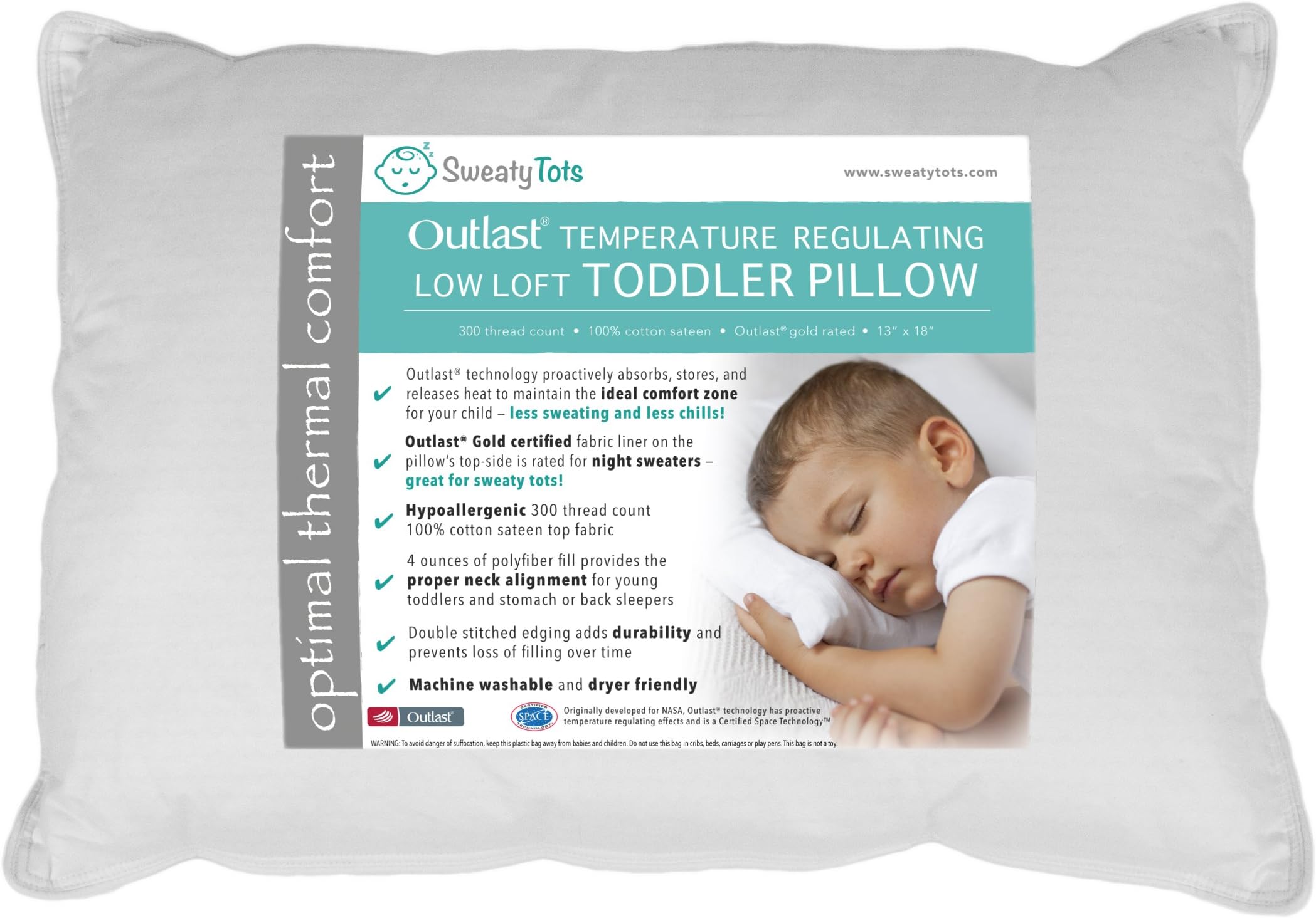 Sweaty TotsToddler Pillow for Hot or Sweaty Sleepers - 13 x 18, White, 300TC Cotton Sateen, Features Outlast(R) Temperature Regulating Technology to Reduce Overheating (Low Loft)