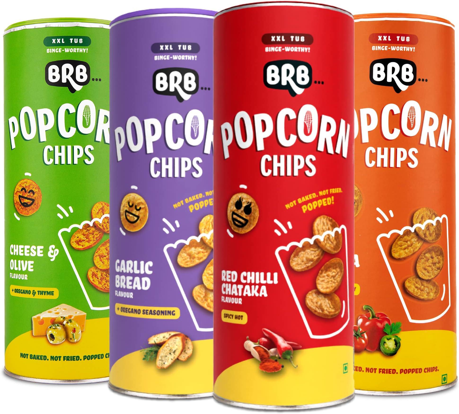 BRB Corn Popped Chips - 4 Flavours | Not Fried, Not Baked | 30% Less Oil, No Palm Oil, Healthy Snack | 4 Tubs x 85g Combo Pack