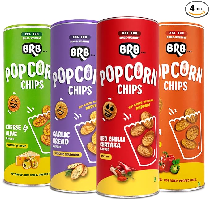 BRB Popcorn Chips | Popcorn Upgraded | 4 Tubs X 85 Grams | 4 Flavours - Salsa, and Cheese & Olive, Red Chili Chataka & Garlic Bread