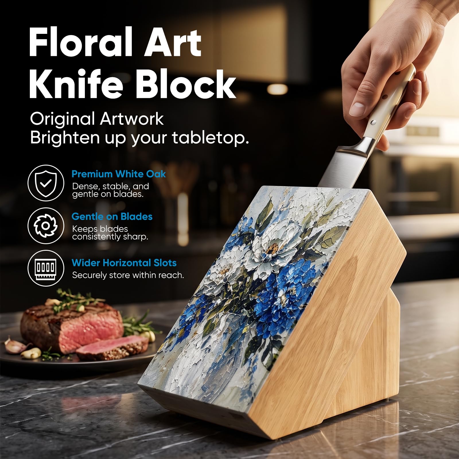 Messerblock weißer Eiche mit 14 Fächer, „Floral Oil Art“-ohne Messer | 45°-Schrägschlitze, wasserabweisende „Oil Art“-Rückseite, rutschfeste Füße, Belüftungsöffnungen, max. 9,65"