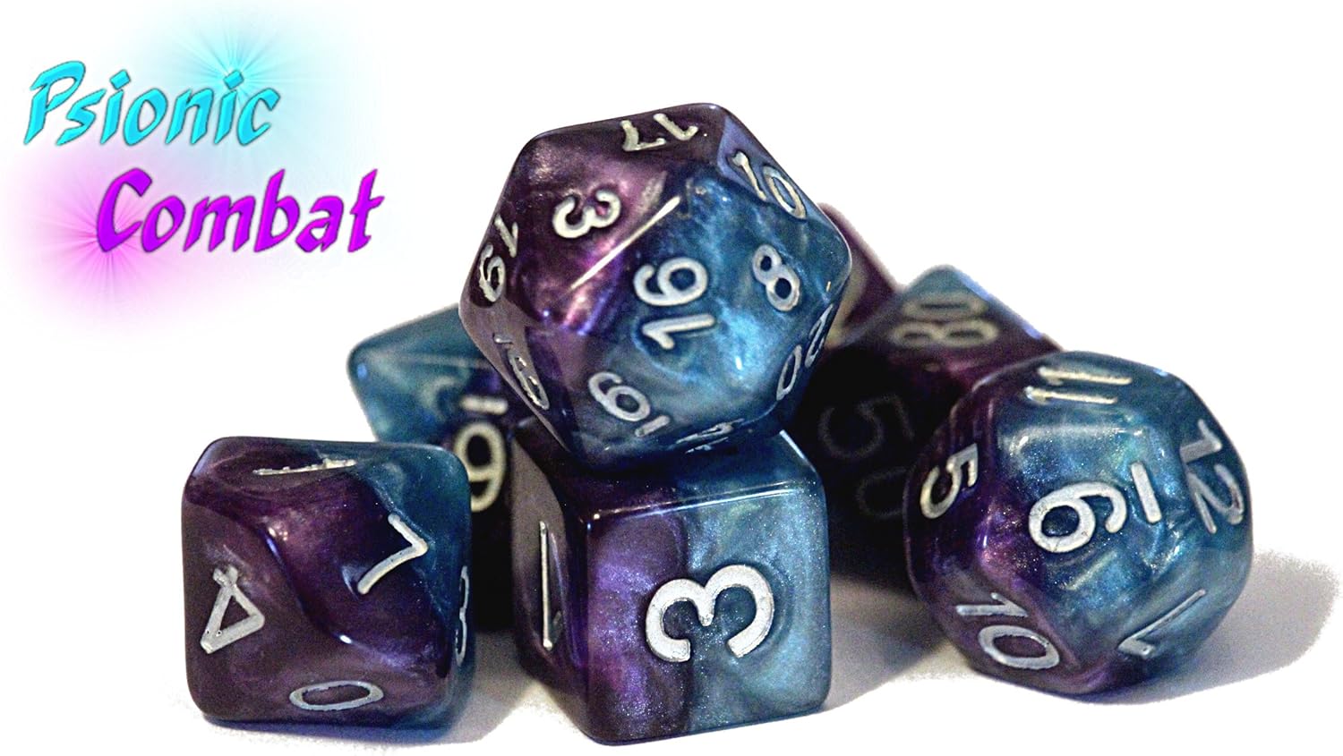 "Psionic Combat" Halfsies Dice - 7 die polyhedral rpg gaming dice set - Violet & Cyan