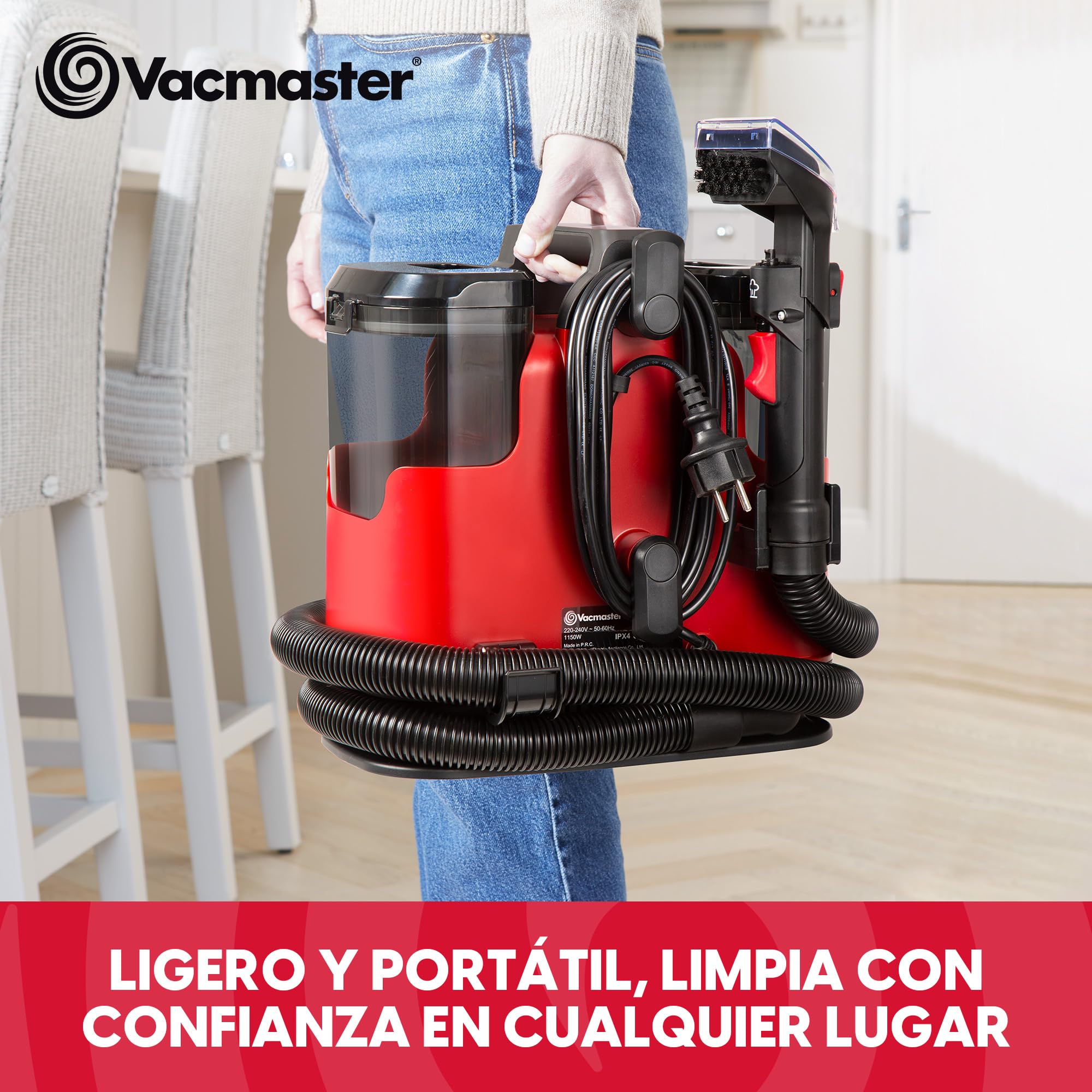 Vacmaster 1150W Aspiradora de Agua Tapicería con Función de Autolimpieza Limpiador de Tapicerías Portátil 17kPa Pelos de Mascotas Sofás Colchones Alfombras Coches Depósito Doble