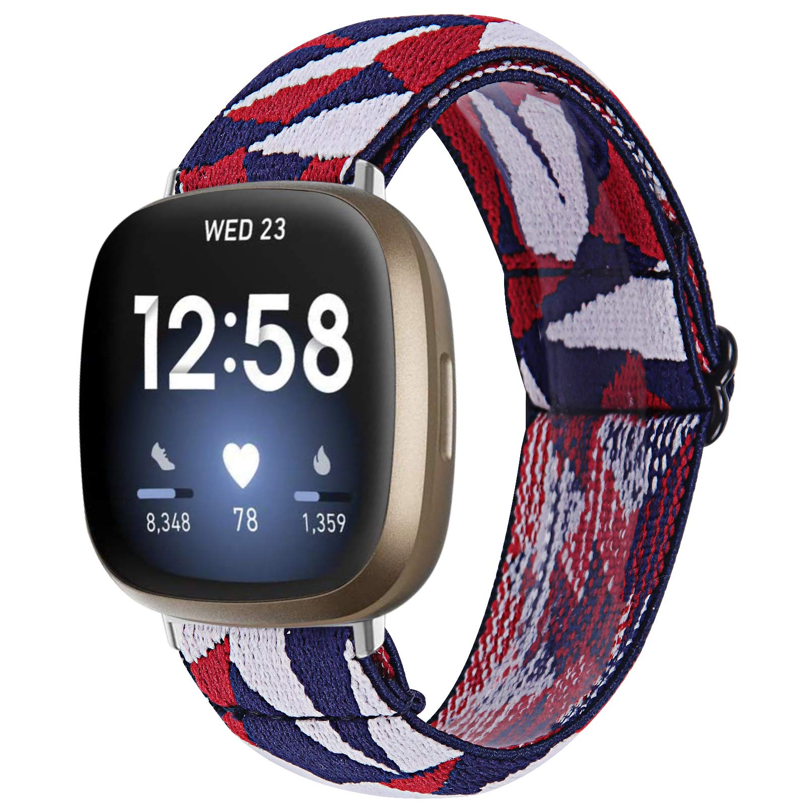 TRISTRAPS Nylon Watch Strap Compatible with Fitbit Versa 3/Sense Strap,Soft Elastic Breathable Replacement Sport Wristbands for Men/Women,18 Colours for Chosen (Blue+white+red)