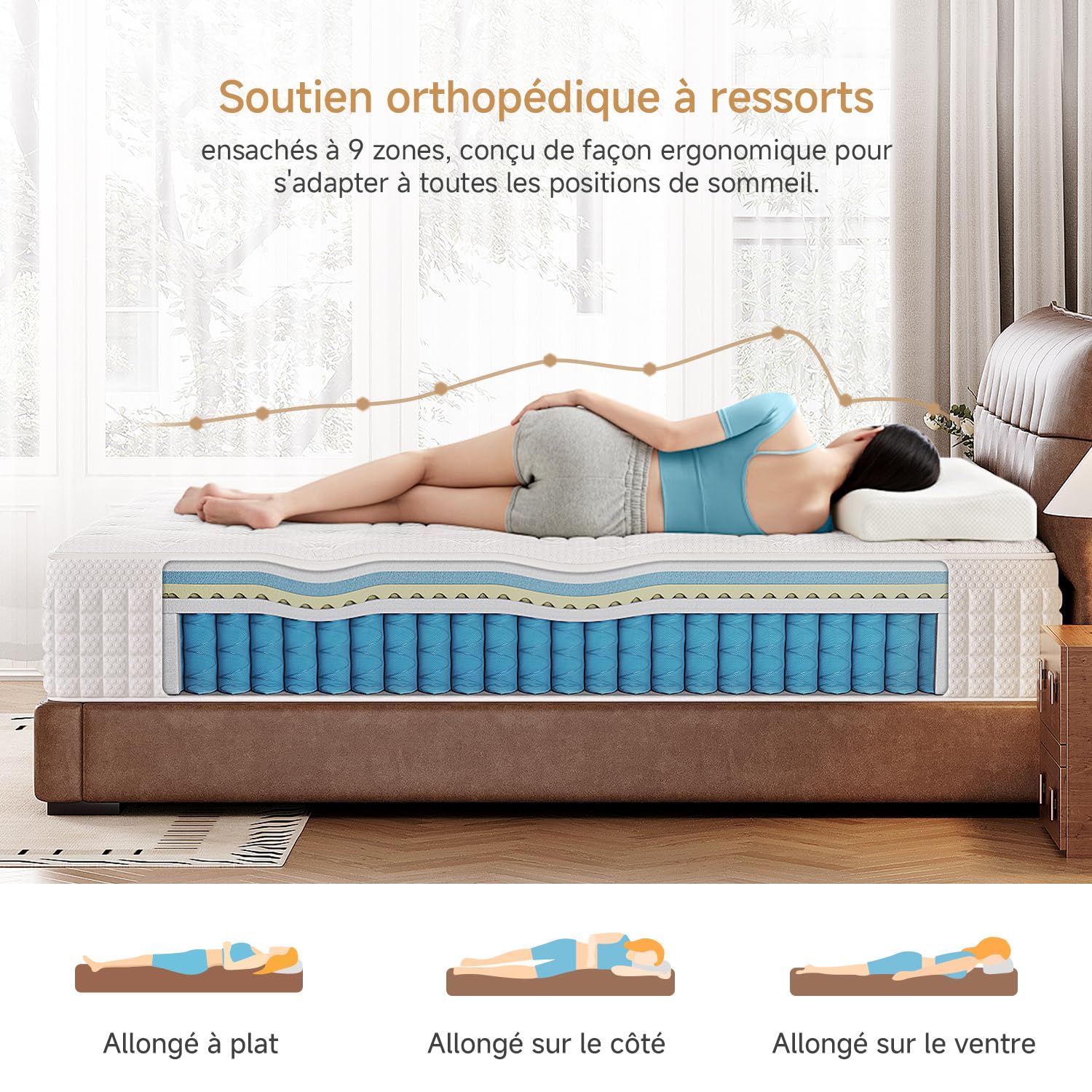 Matelas 160 x 200 cm, Épaisseur 28cm, 9 Zones de Confort, Matelas à Ressorts Ensachés et à Mémoire de Forme, Hybride Matelas,H3 H4 Moyenne Ferme, Doux pour La Peau et Respirant，Soutien Parfait