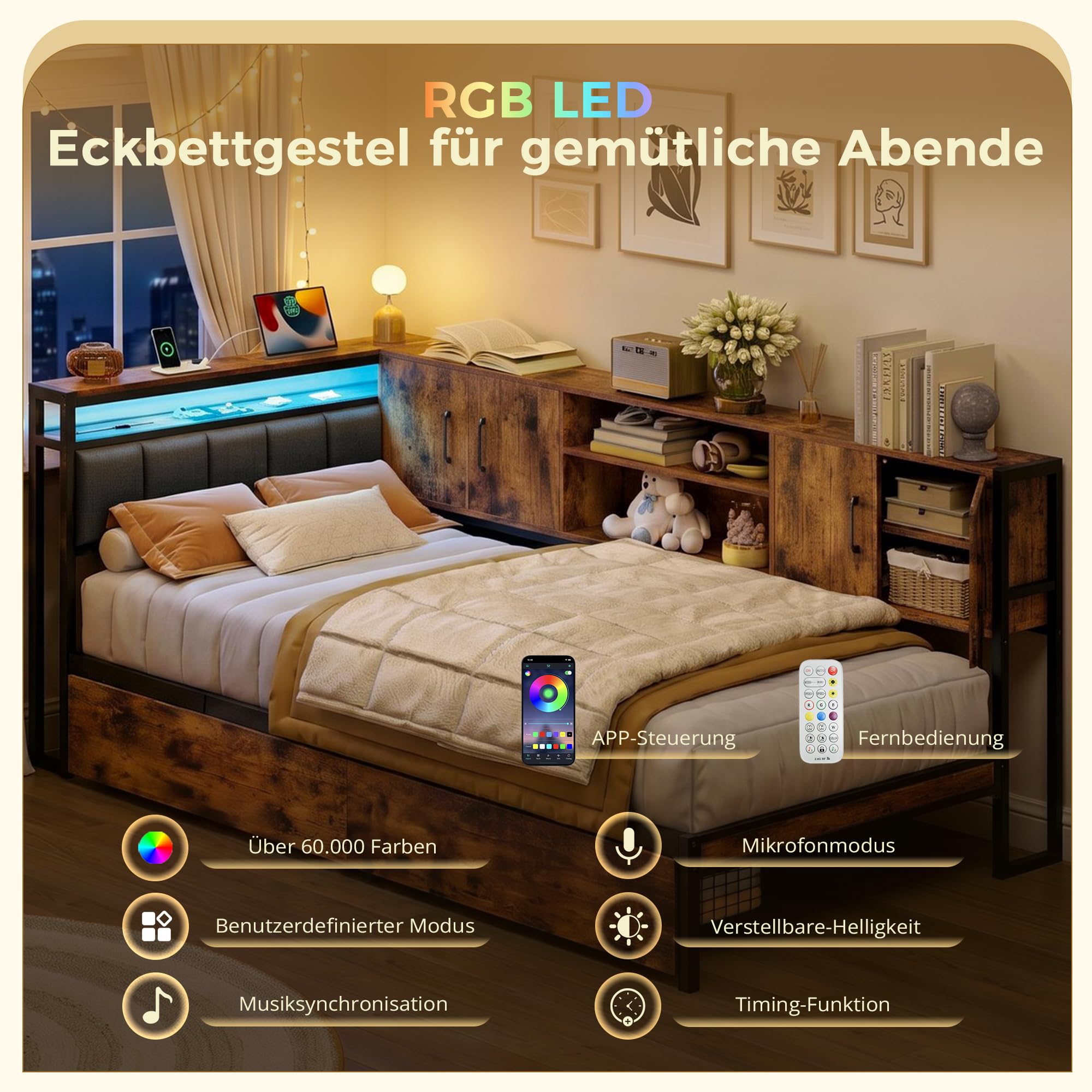 IRONCK Polsterbett Schlafsofa 90x200 mit LED, Bett mit Ladestation | Tagesbett Jugendbett mit Steckdosen, USB & USB-C, Bettgestell Gästebett mit 2 Schubladen und Lattenrost aus Metall