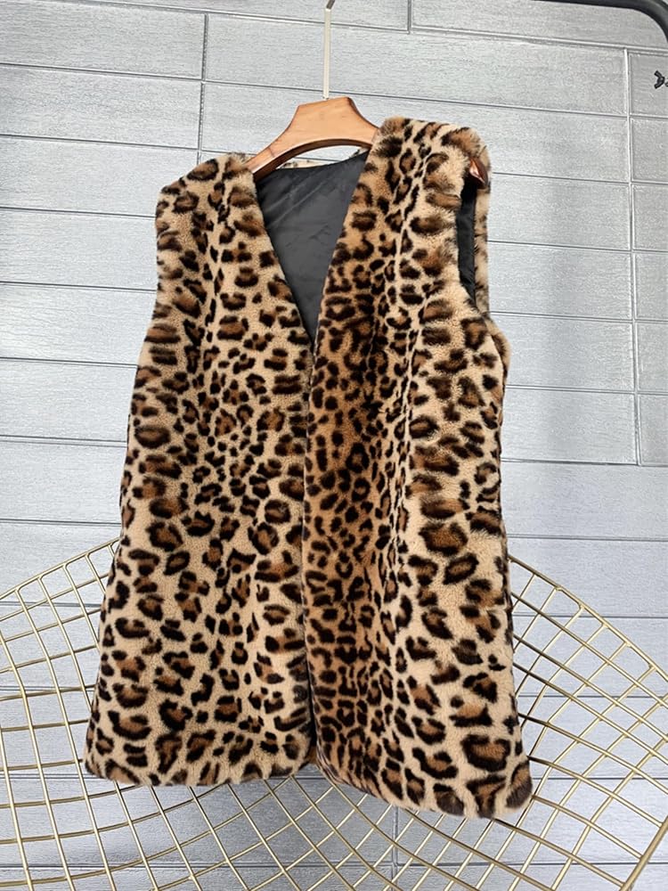 Hesaco Leopard Print Fleece Vest Women Faux Fur Vest Coat Cheetah