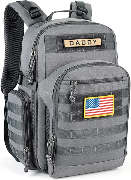 SHARKMOUTH Dad Diaper Bag Backpack - Military Baby Gear Backpacks with Daddy Patches Gray