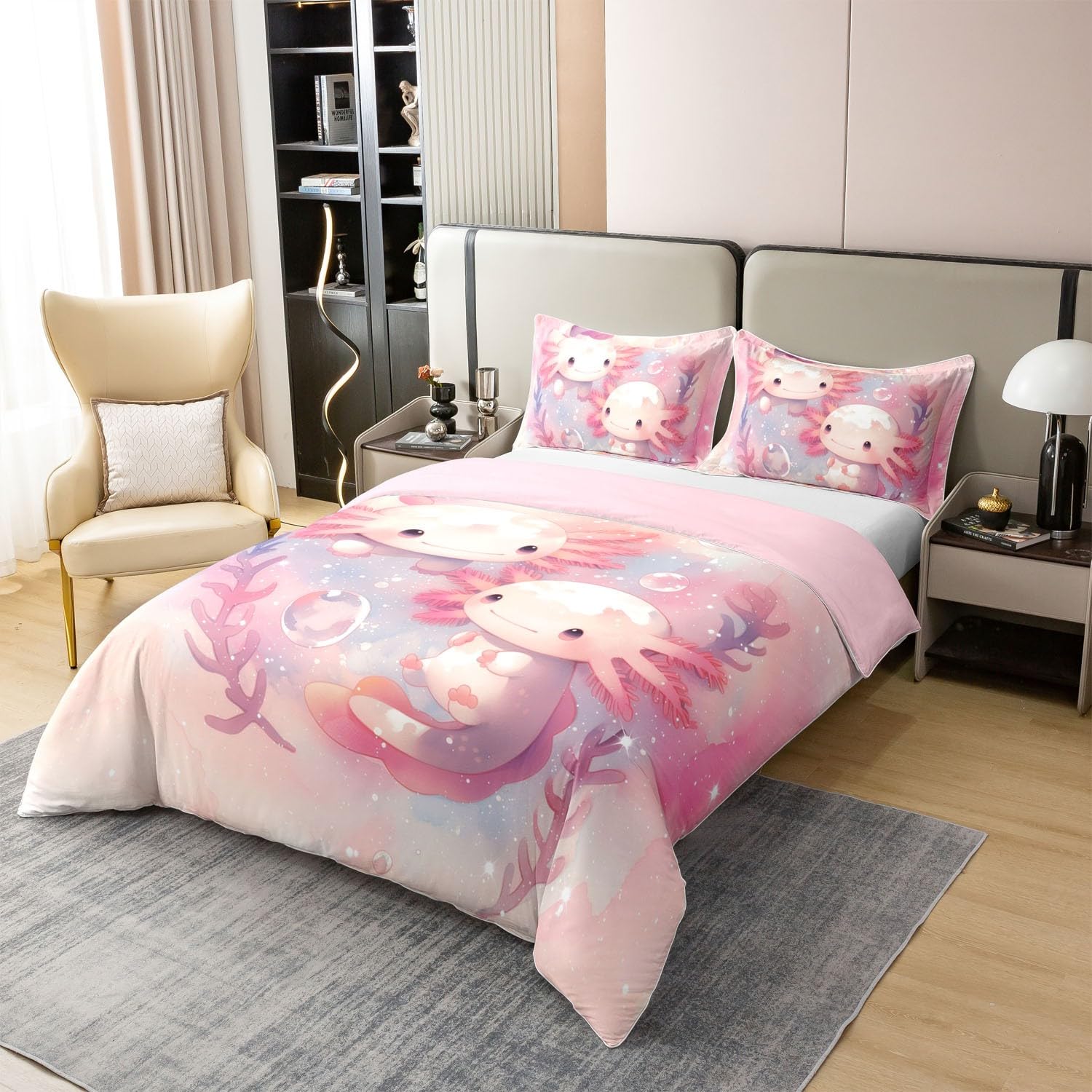 Homemissing Axolotl Baumwolle Bettwäsche Set 135x200cm Nette Bettbezug Set für Jungen Mädchen Kawaii Ozean Sealife Betten Set Light Pink