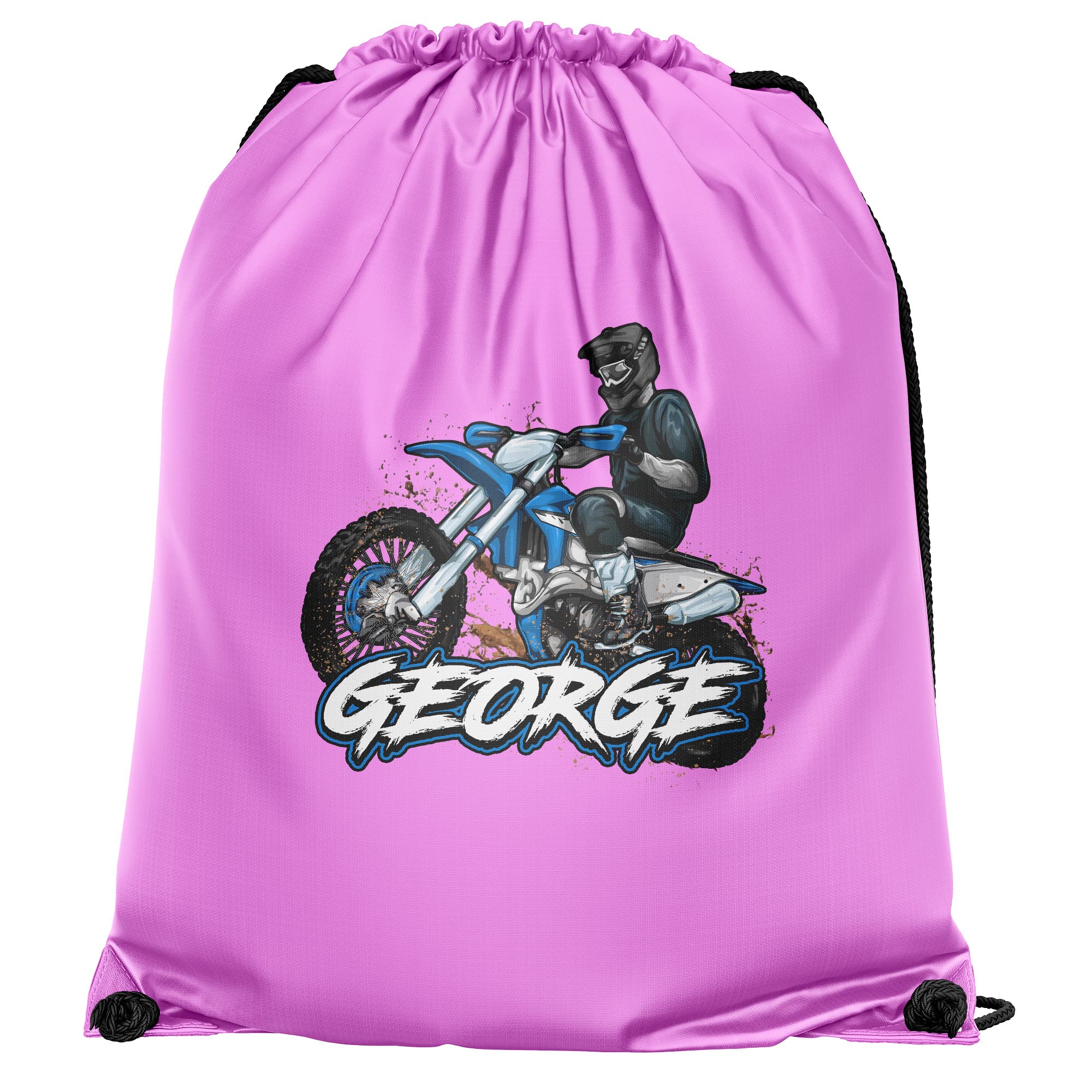 Personalised Dirt Bike Drawstring Bag, Custom Back to School and Nursery Gifts for Boys, Ideal Bag for Boys Who Love Motorbikes, Essential Kids PE Kit Swimming Bag, One Size, Light Pink