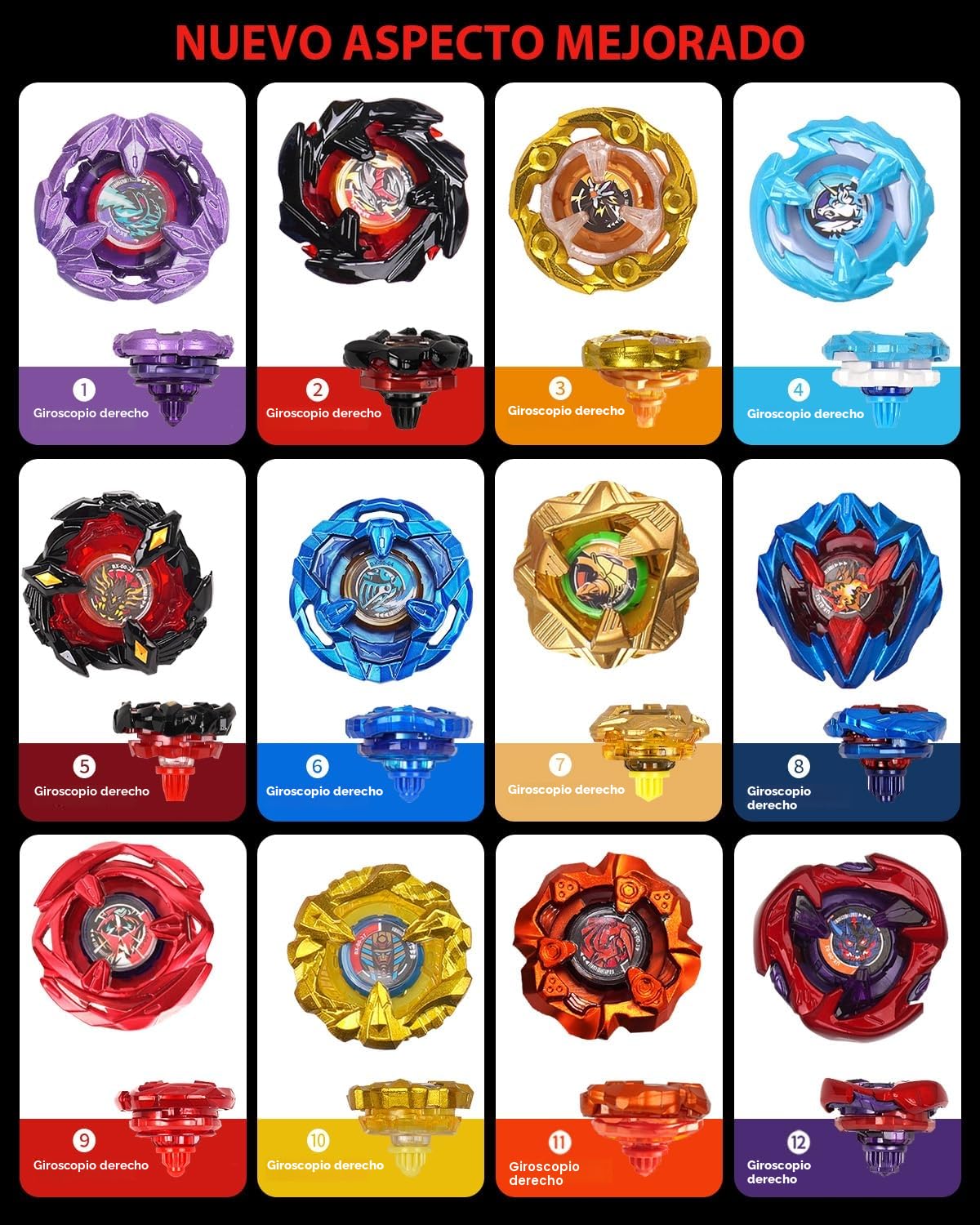 DEZAWRTY Set de Batalla X – 12 Peonzas Giratorias, 3 Lanzadores y 1 Empuñadura con Caja de Almacenaje, Juguete Cumpleaños para Niños 6+ Años (X4) (X4-12PCS)