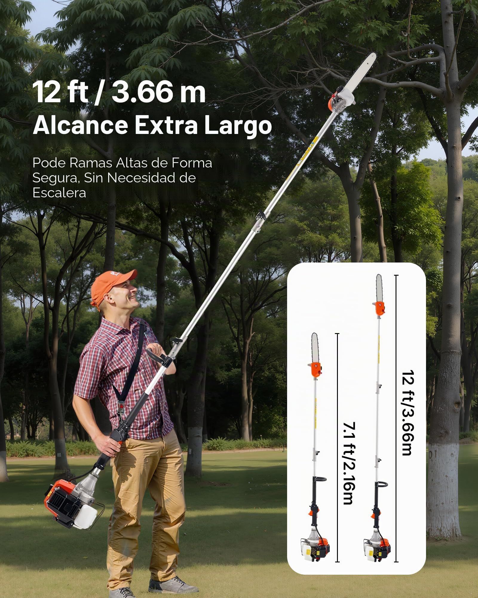 VEVOR Motosierra de Pértiga a Gasolina, Motosierra Inalámbrica de 43 CC y 2 Tiempos con Barra de Corte de 25,4 cm, Cabezal Giratorio, y Extensible de 2,16 a 3,66 m para Podar Árboles, Naranja