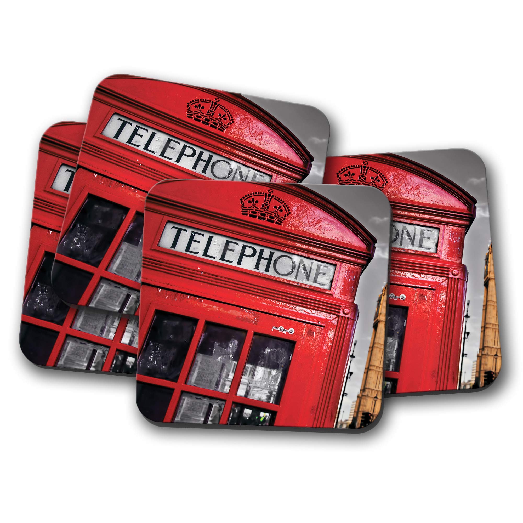 4 Set - Red Telephone Box Coaster - London Britain UK British Royal #14960