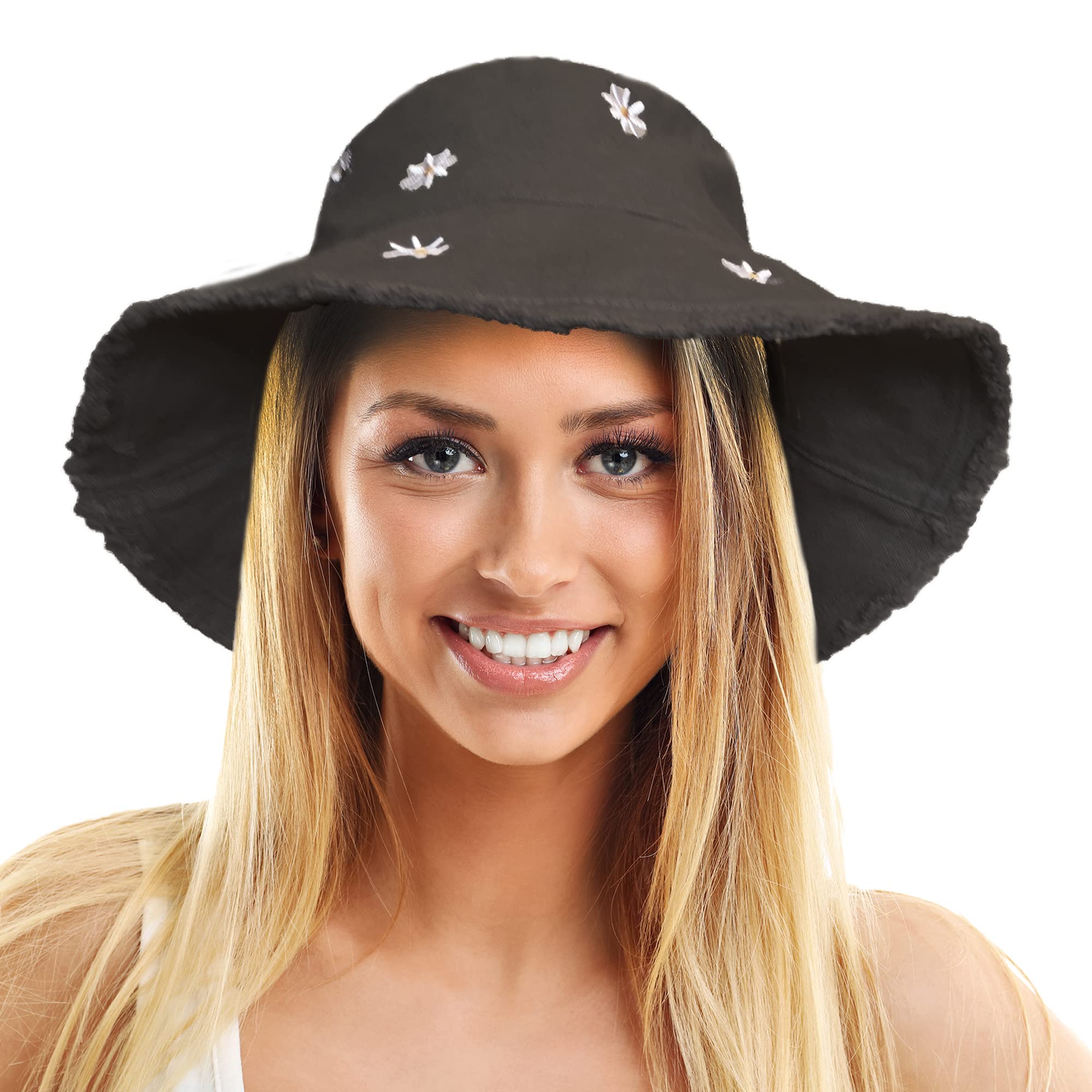 Toskatok Women's Black Upf 50+ Soft Washed Cotton Bucket Sun Hat With Embroidered Daisy Motifs, Shapeable Brim And Frayed Edge
