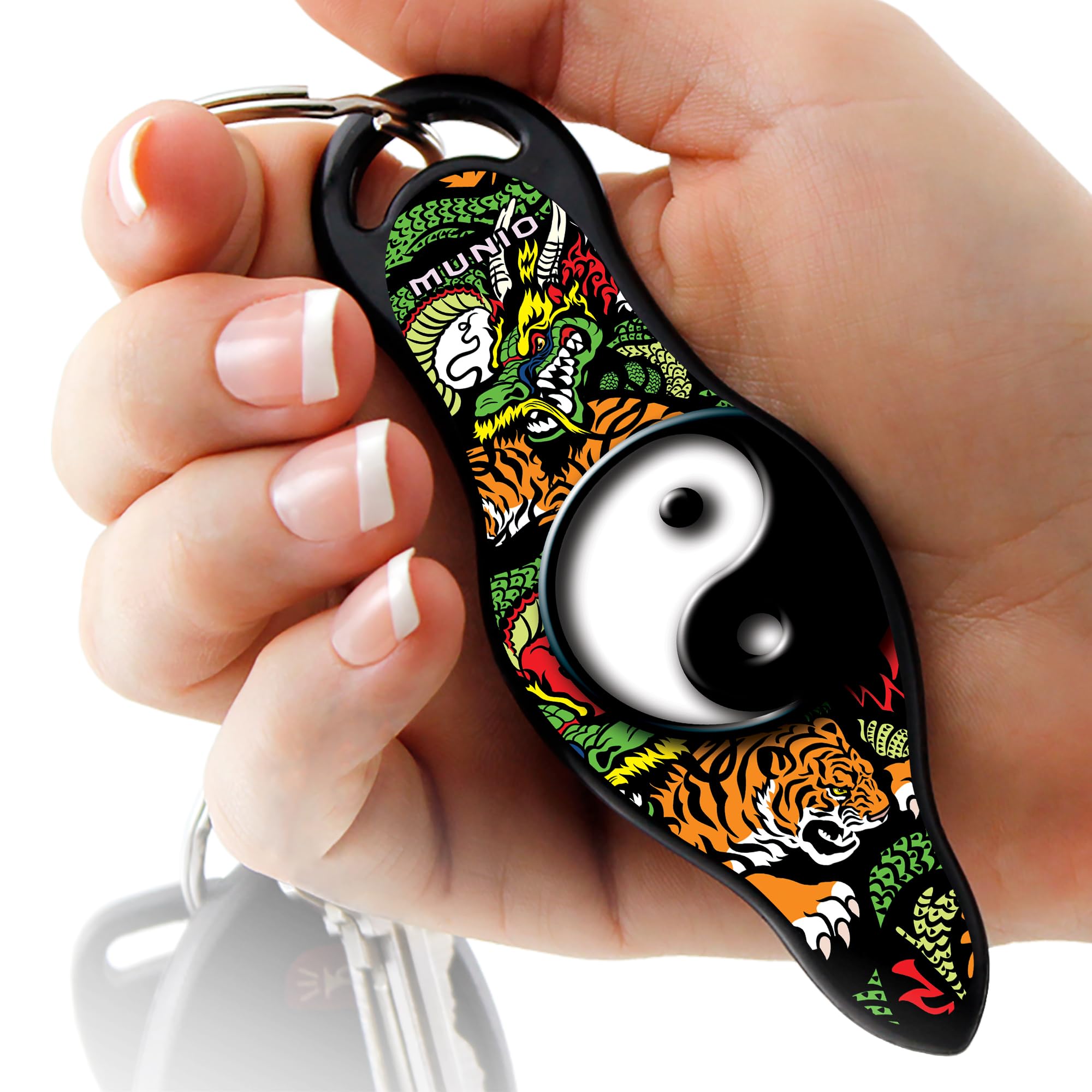MUNIO Self Defense Keychain – Lightweight, Stylish & Portable Safety Tool for Women & Men – Non-Lethal Kubotan, Easy to Use, TSA Approved – Made in USA – Dragon Tiger Design