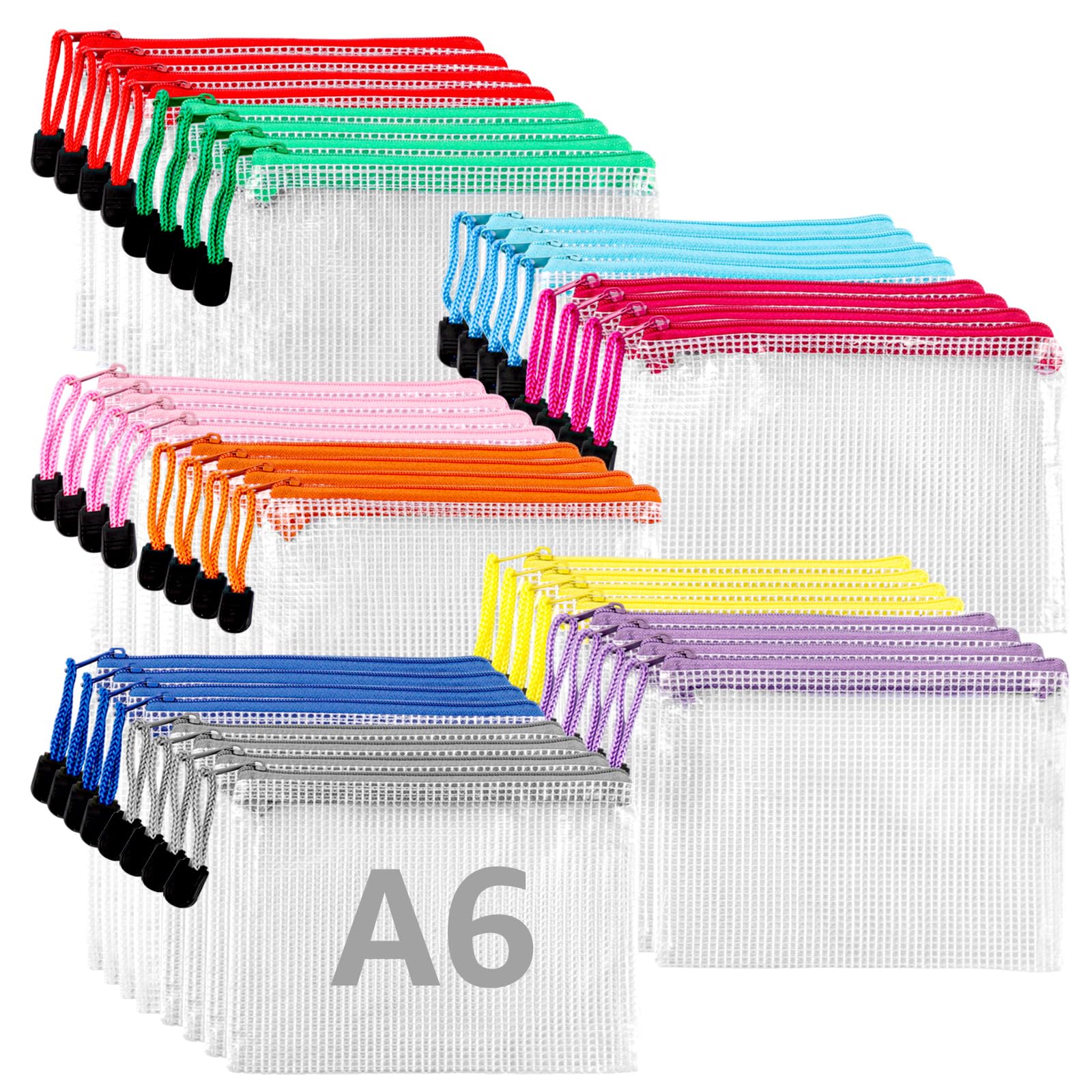 Lot de 40 porte-documents étanches A6 avec fermeture éclair pour fichiers, papier, devoirs, fournitures de voyage, cosmétiques (10 couleurs)
