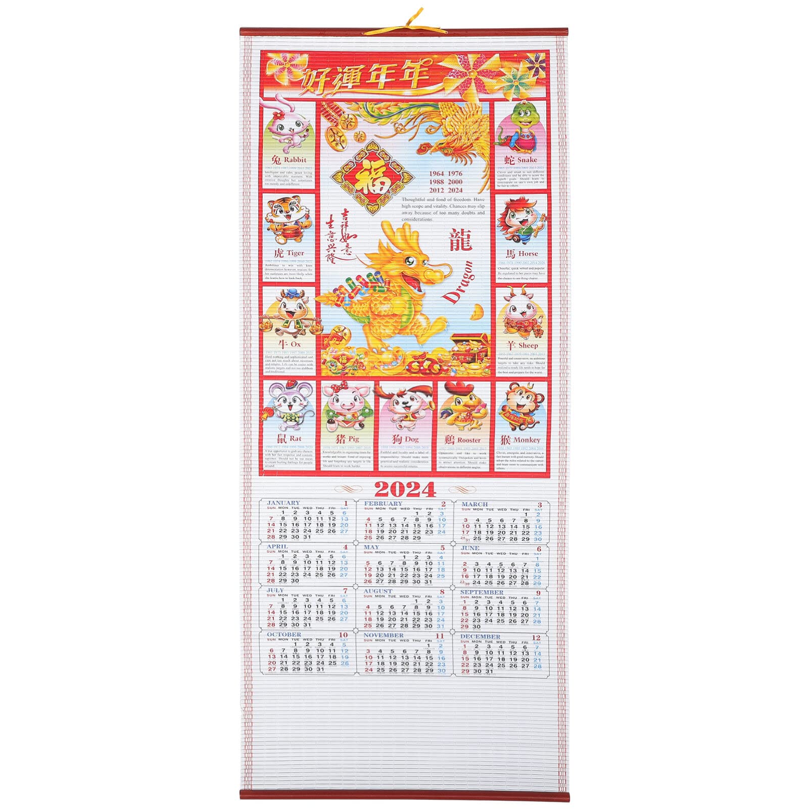 2024 Chinese Wall Scroll Calendar Year of The Dragon Zodiac Hanging Calendar Fengshui Lucky Monthly for Spring Festival New Year Eve Party Favor