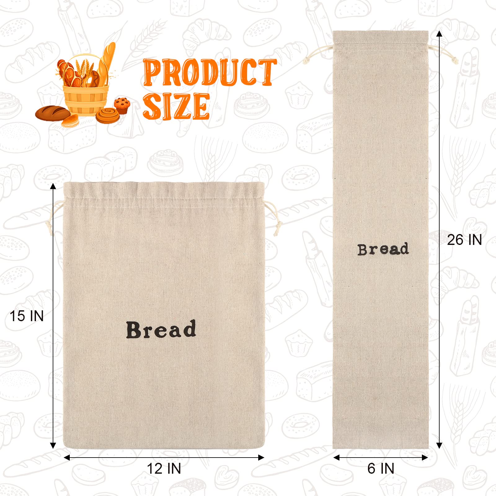 6 Pcs Linen Bread Bags Reusable Bread Bags for Homemade food Large Drawstring Artisan Homemade Food Storage Wedding Gift for Home Bakery, 12 x 15'', 6 x 26''