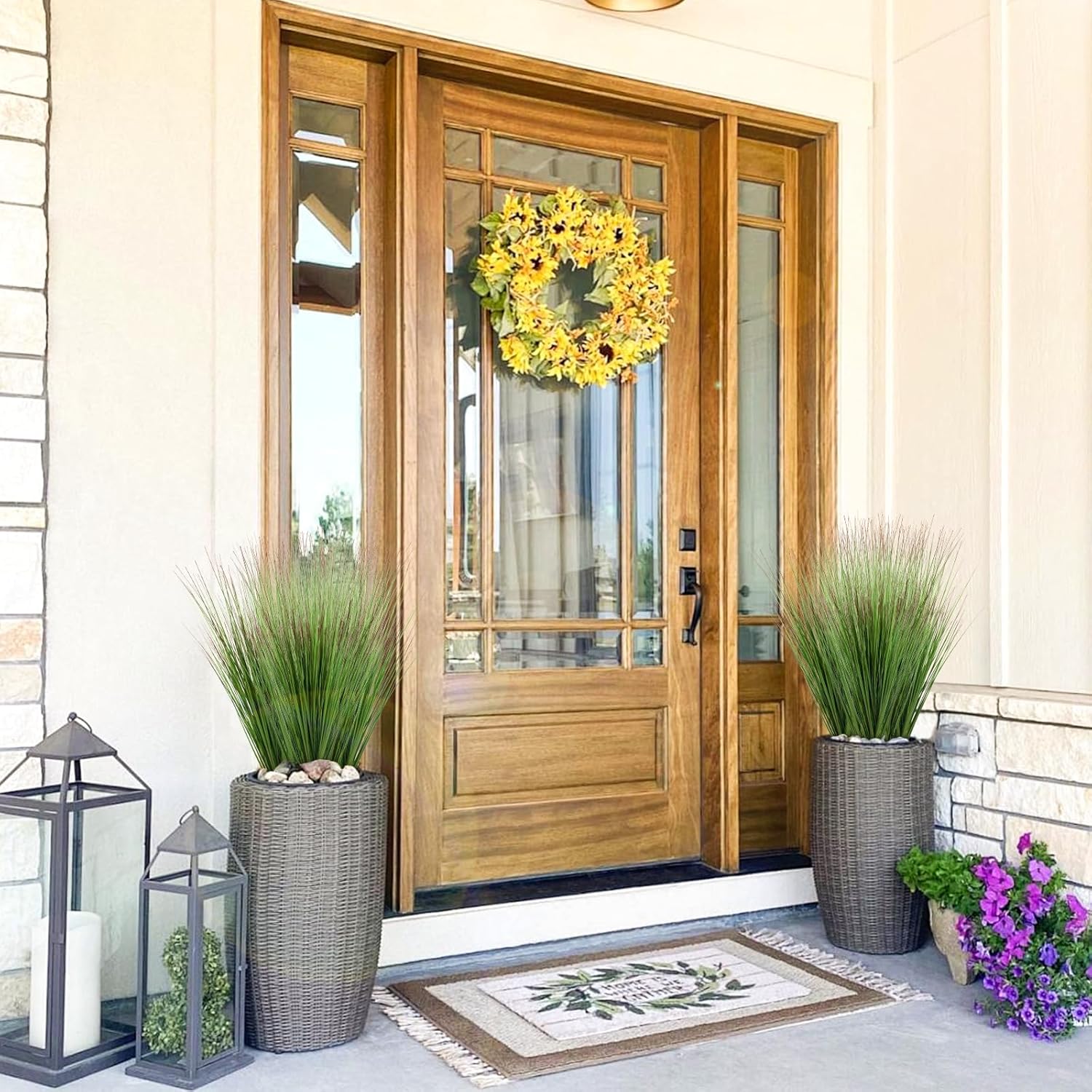 27" Artificial Plants Onion Grass | Tall Faux Greenery Shrubs - Fake Wheat Stems & Tall Grass Bushes for Indoor/Outdoor Home, Office, Garden, Porch & Window Box Decor 6 Pack - Green Red Tail - Image 6