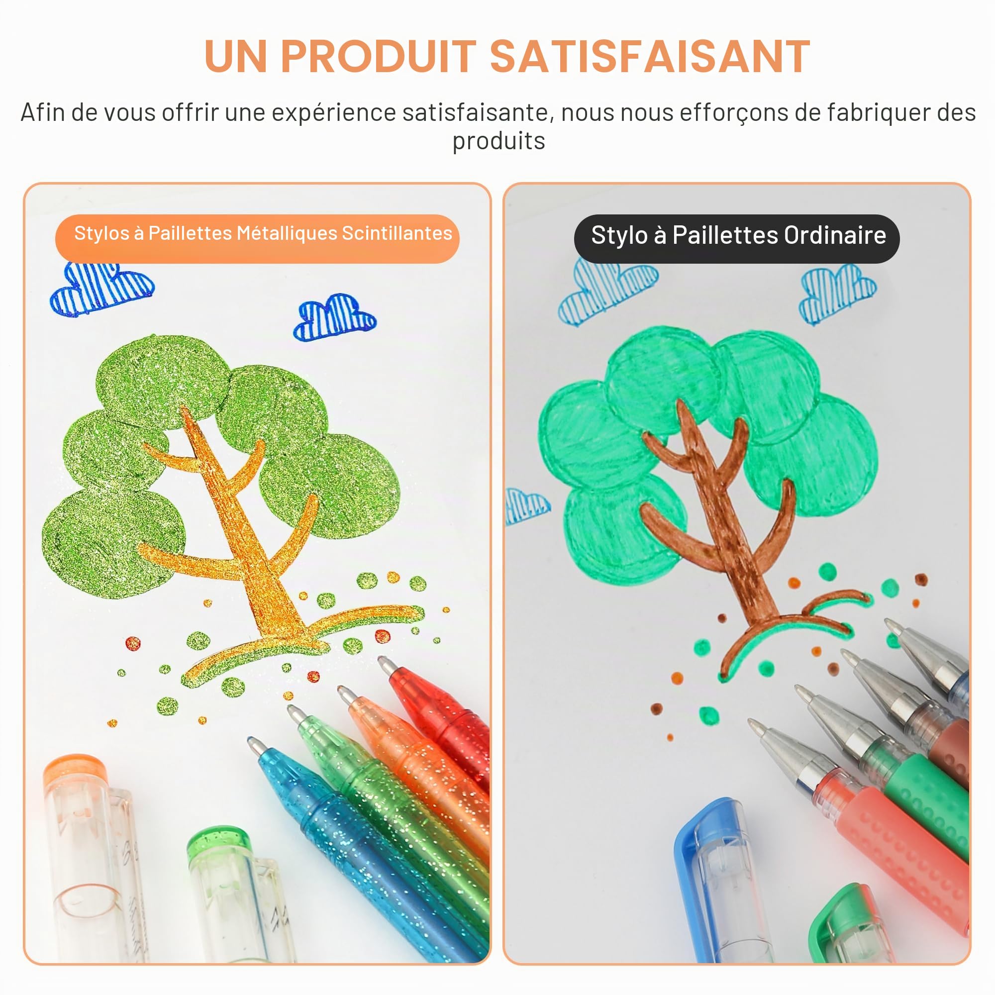 ZSCM Lot de 48 stylos à gel métalliques pailletés, 24 couleurs avec 24 recharges pour stylo pailleté dans un sac en toile pour coloriage, dessin, scrapbooking, journalisation pour adultes