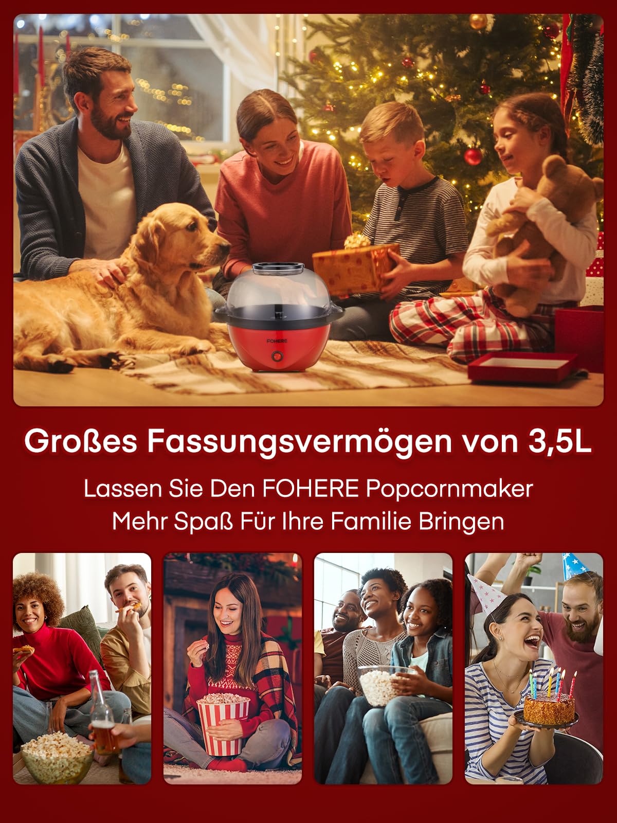 FOHERE Popcornmaschine, 3.5L Popcorn Maker für Zuhause, Elektrische Rühr Popcorn Popper mit Zucker & Öl, Antihaftbeschichtung, Stille und Schnelle, Für Filmabende,Heiligabend