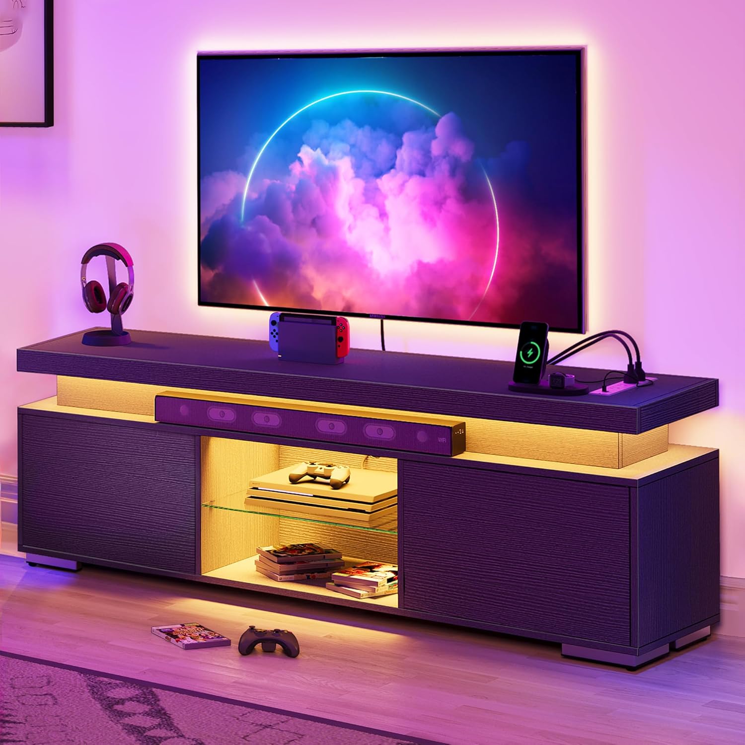 YITAHOME TV Stands for Living Room, 65 55 50 inch TV Stand, Modern Entertainment Center w/Power Outlets, LED Television Stands with Storage, Wood TV Stand, Gaming Media Stand, Black without mount&59.1''L Black