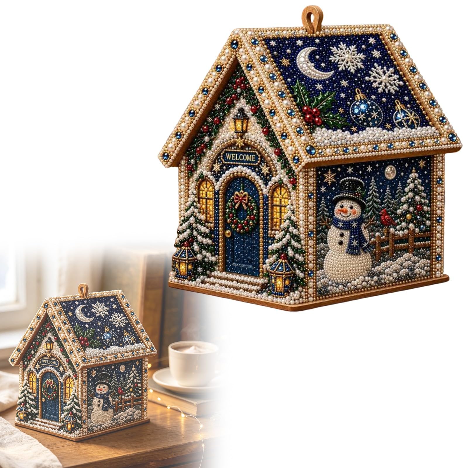 Christmas Wooden House Pearl Art, 3D Rhinestone Diamond Art DIY Kit