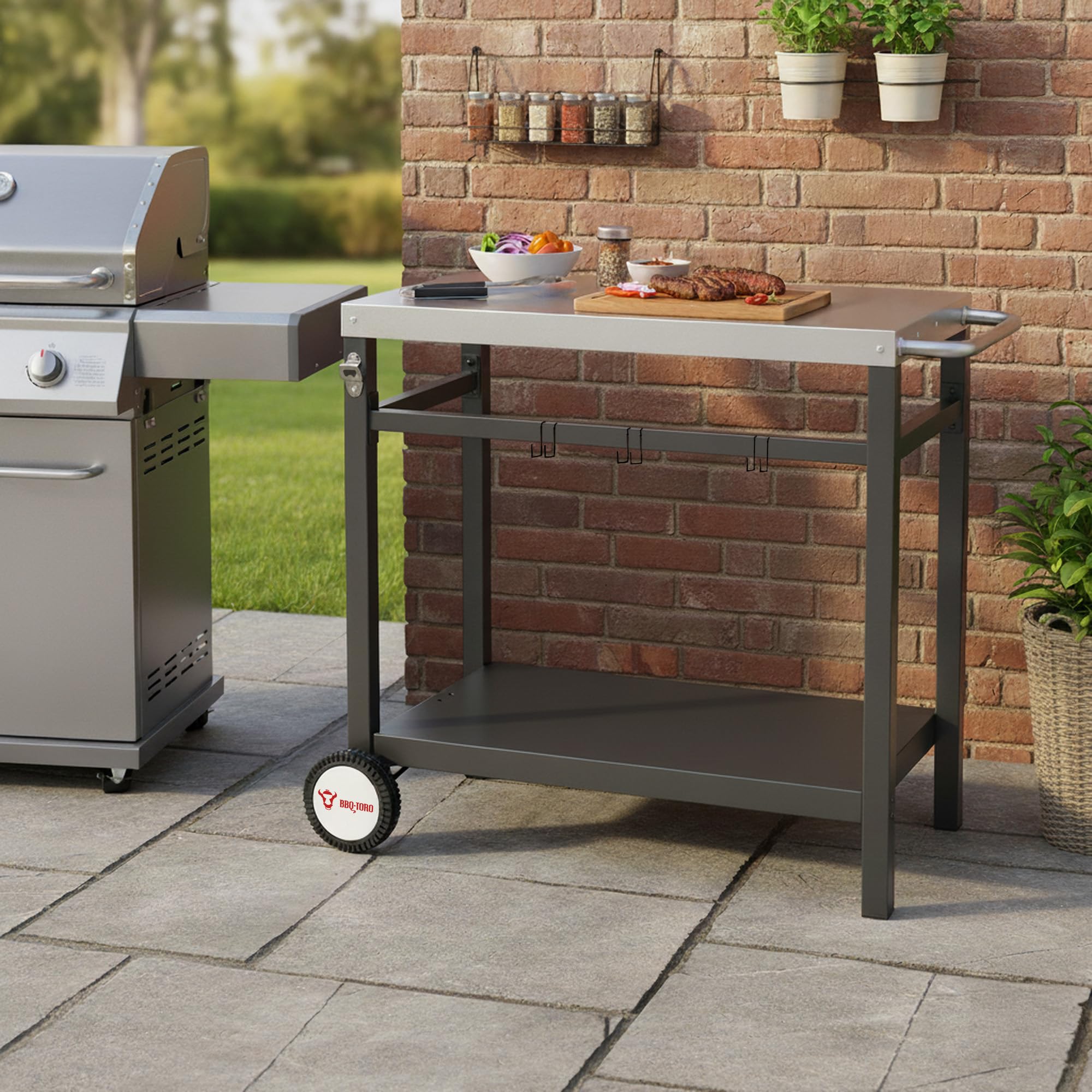 BBQ-Toro Carro de Barbacoa | 85 x 50 x 81 cm | Color Gris | Carro con Ruedas | Cocina al Aire Libre | Mesa Auxiliar para Barbacoa | Carrito de Barbacoa, Terraza, Jardín | Mesa de Barbacoa Exterior