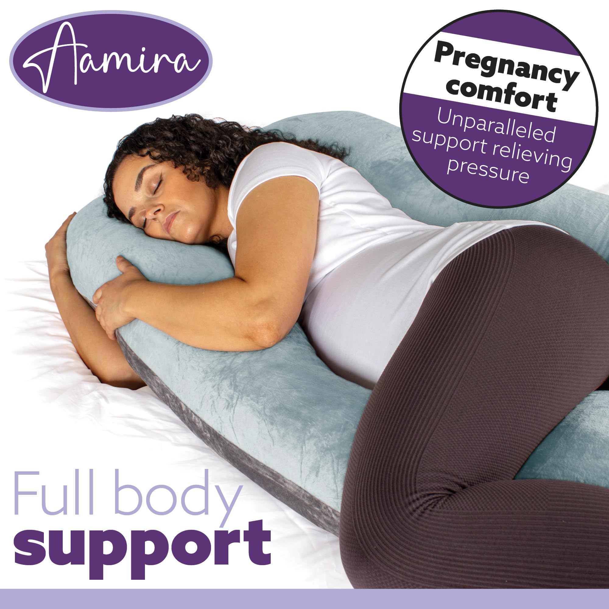 Almohada de maternidad en color gris oscuro, con un diseño de espuma viscoelástica triturada en forma de U, que ofrece apoyo completo para mujeres embarazadas, con una funda de terciopelo lavable a