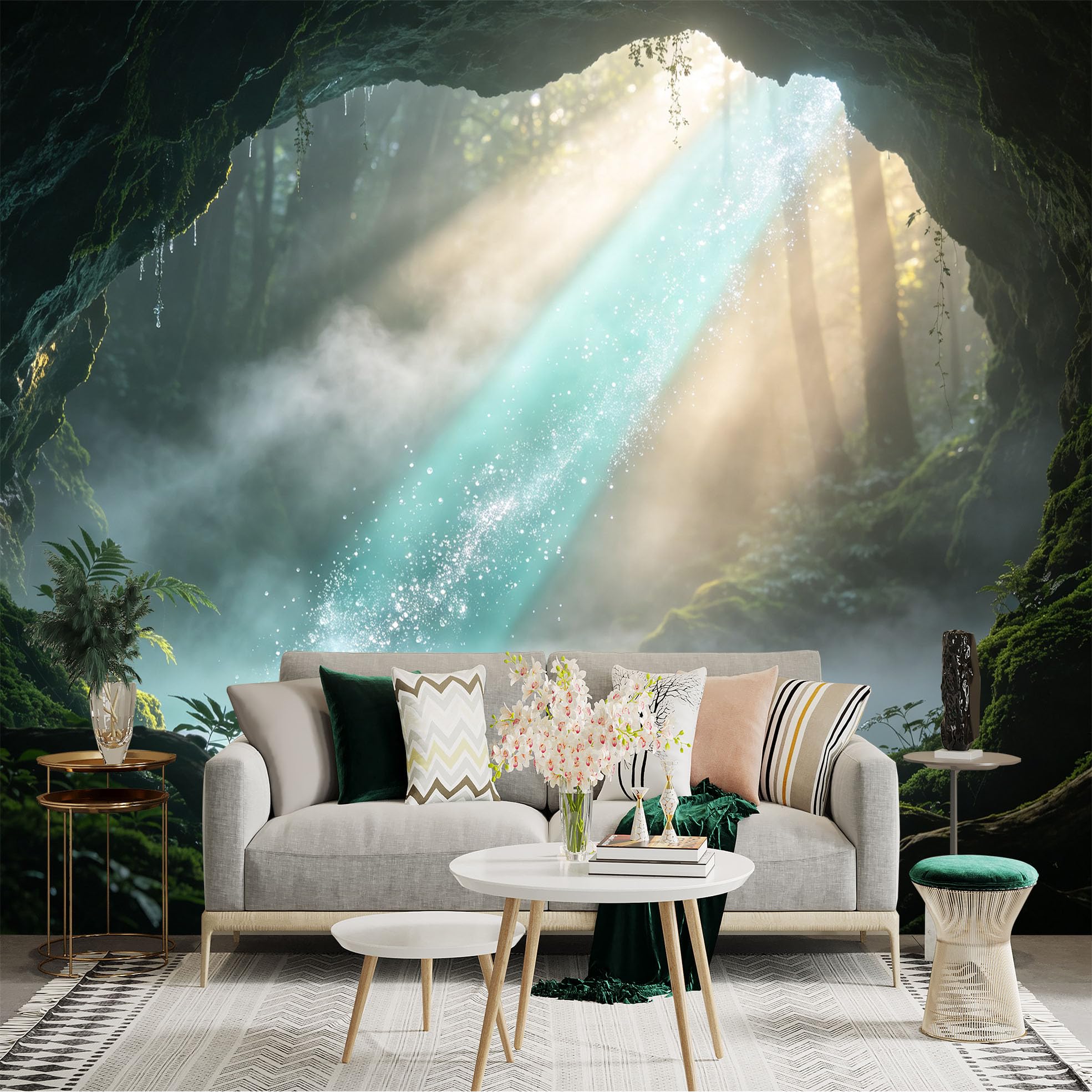 Custom Size Wall Sticker Mural， Mystical Forest Cave， Sunlight Lake and Misty Woodland， for wall Decoration， peelandstick wall Decals.