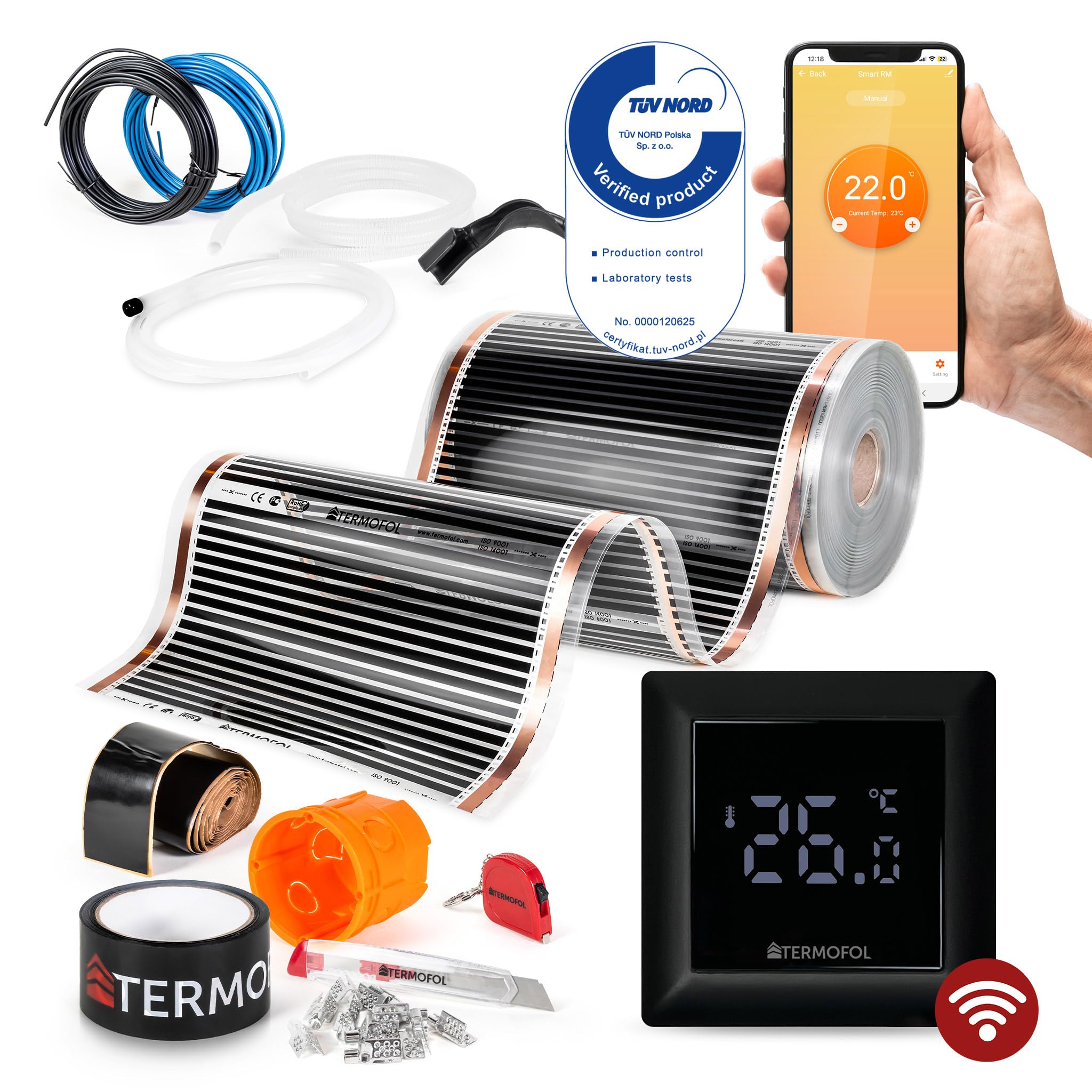 Termofol Elektryczne ogrzewanie podłogowe folia grzewcza 230 V – z termostatem H6 WiFi – moc 60 W/m2 – powierzchnia 10 m² – ogrzewanie podłogowe, kompletny zestaw do ogrzewania podłogowego, ściennego