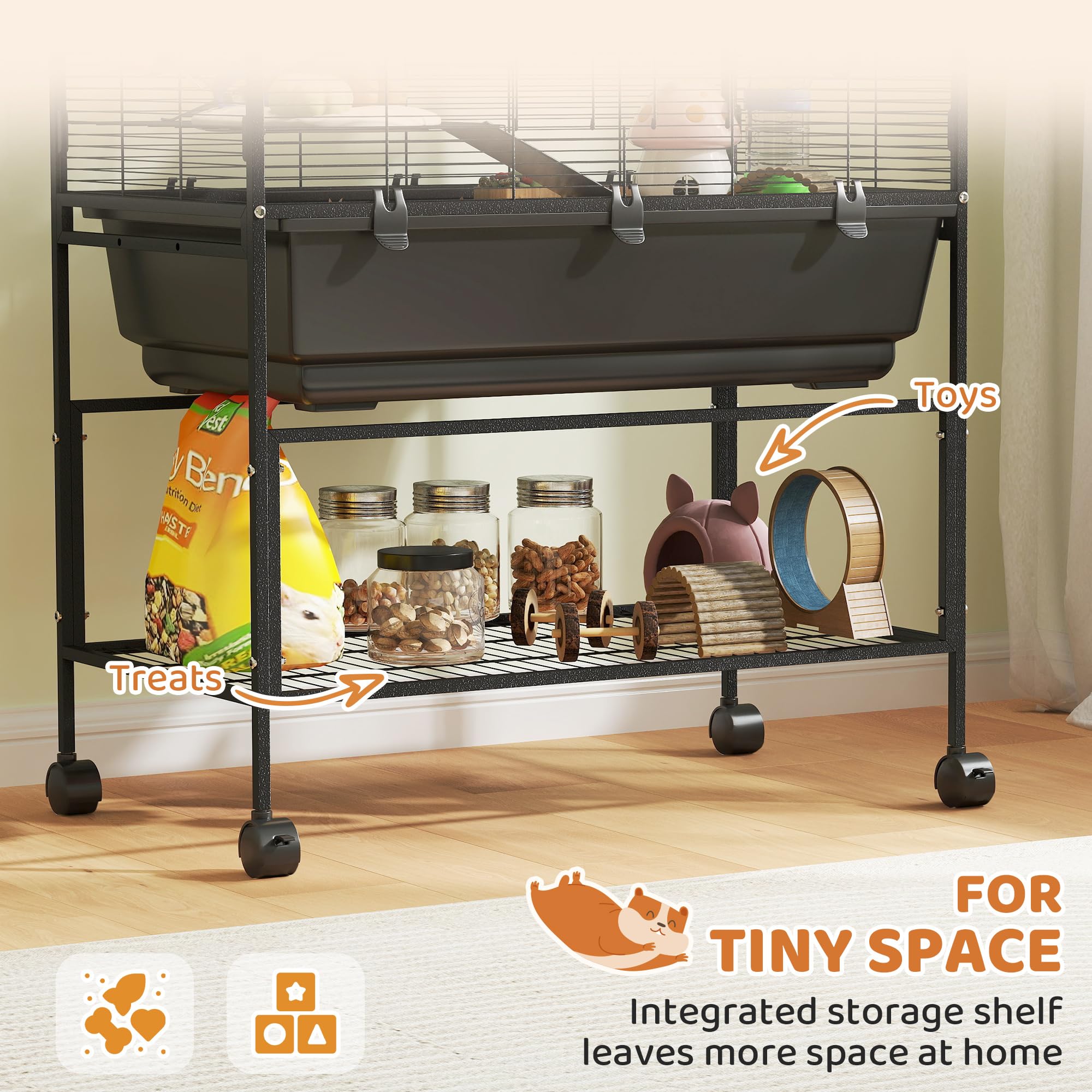 PawHut Hamster Cage, 3 Tier Large Gerbil Cage on Wheels with 17 cm Deep Tray, Storage Shelf, Big Exercise Wheel, Tube System, Hut, Platforms, Ramps, Food Dish, Water Bottle, for Syrian Hamsters, Rats