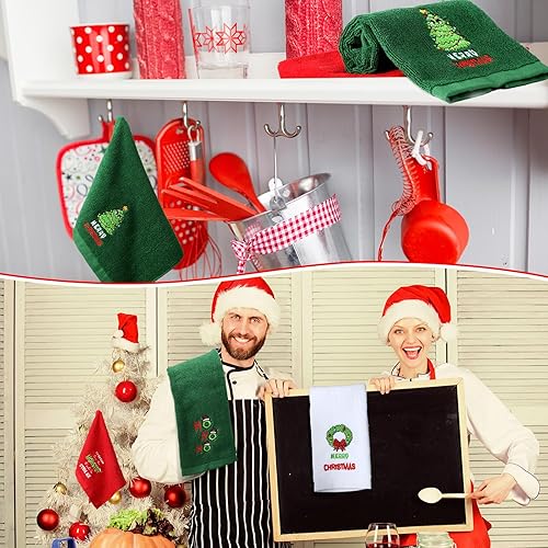 Miniatura 4 de Juego de 12 toallas de mano de cocina de Navidad de 18 x 12 pulgadas, absorbentes y suaves de algodón grueso, toallas bordadas para vacaciones,