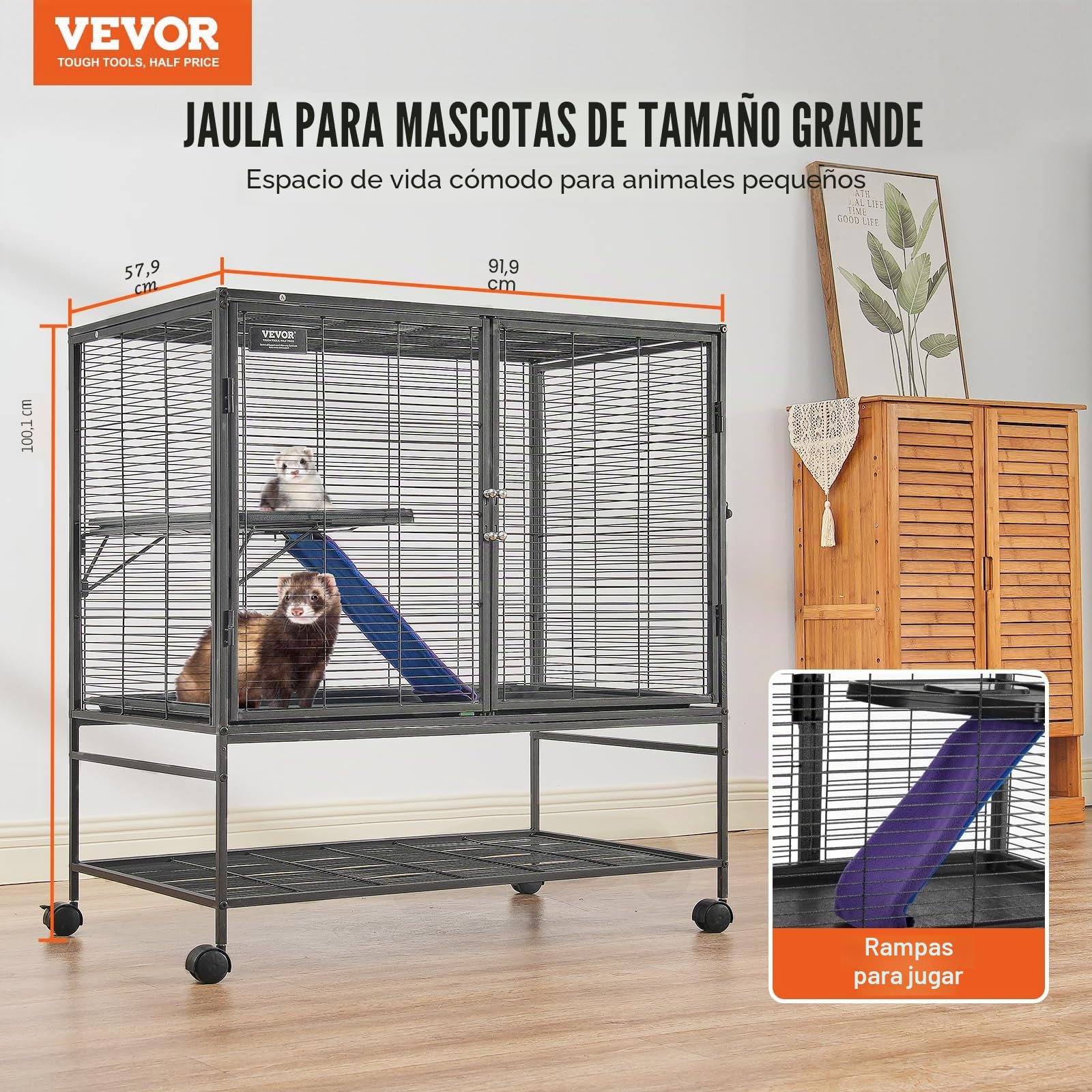 VEVOR Jaula para Hurones de Metal con Ruedas 1000 mm Jaula para Animales Pequeños de 2 Niveles con Rampa y Bandeja para Ratas, Hámster, Conejillo de Indias, Chinchilla, Ardilla, Erizo, Conejo