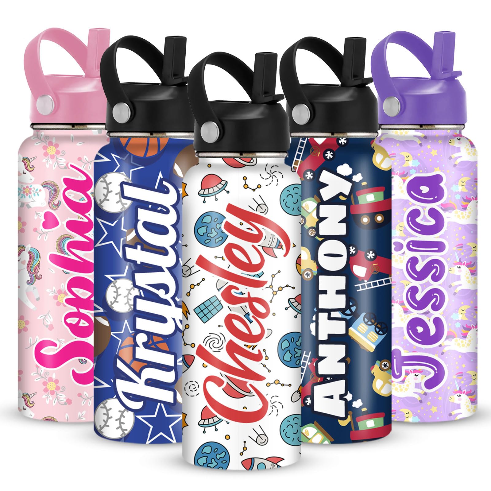 Custom Personalised Water Bottles for Kids Toddler Adult Customizable Name Customized Print Stainless Steel Water Bottle Cups Gifts for Girls Boys Men Women