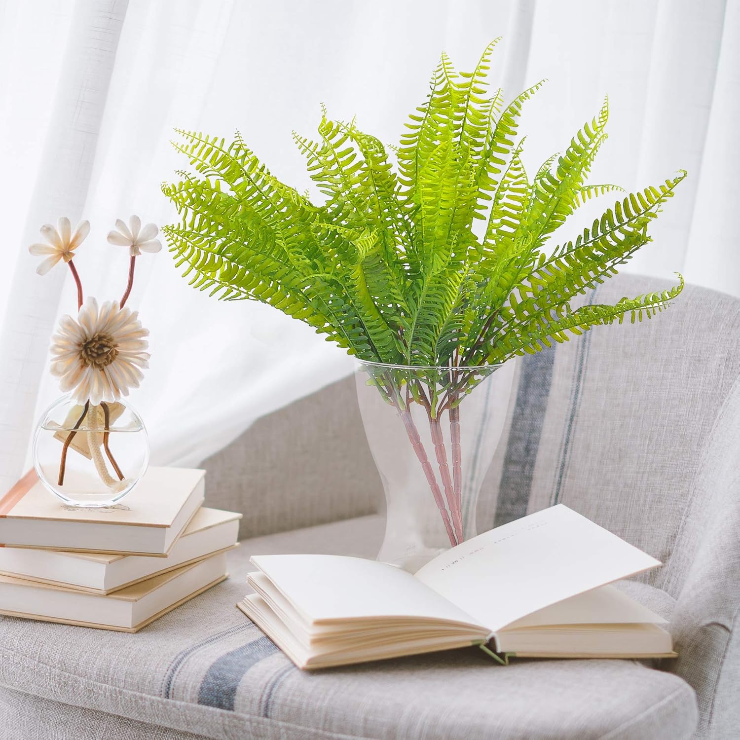 JD Artificial Fern 4pcs 17 Inch Boston Fern Outdoor UV Resistant Greenery Plant for Home Décor Garden Patio Yard(Green)