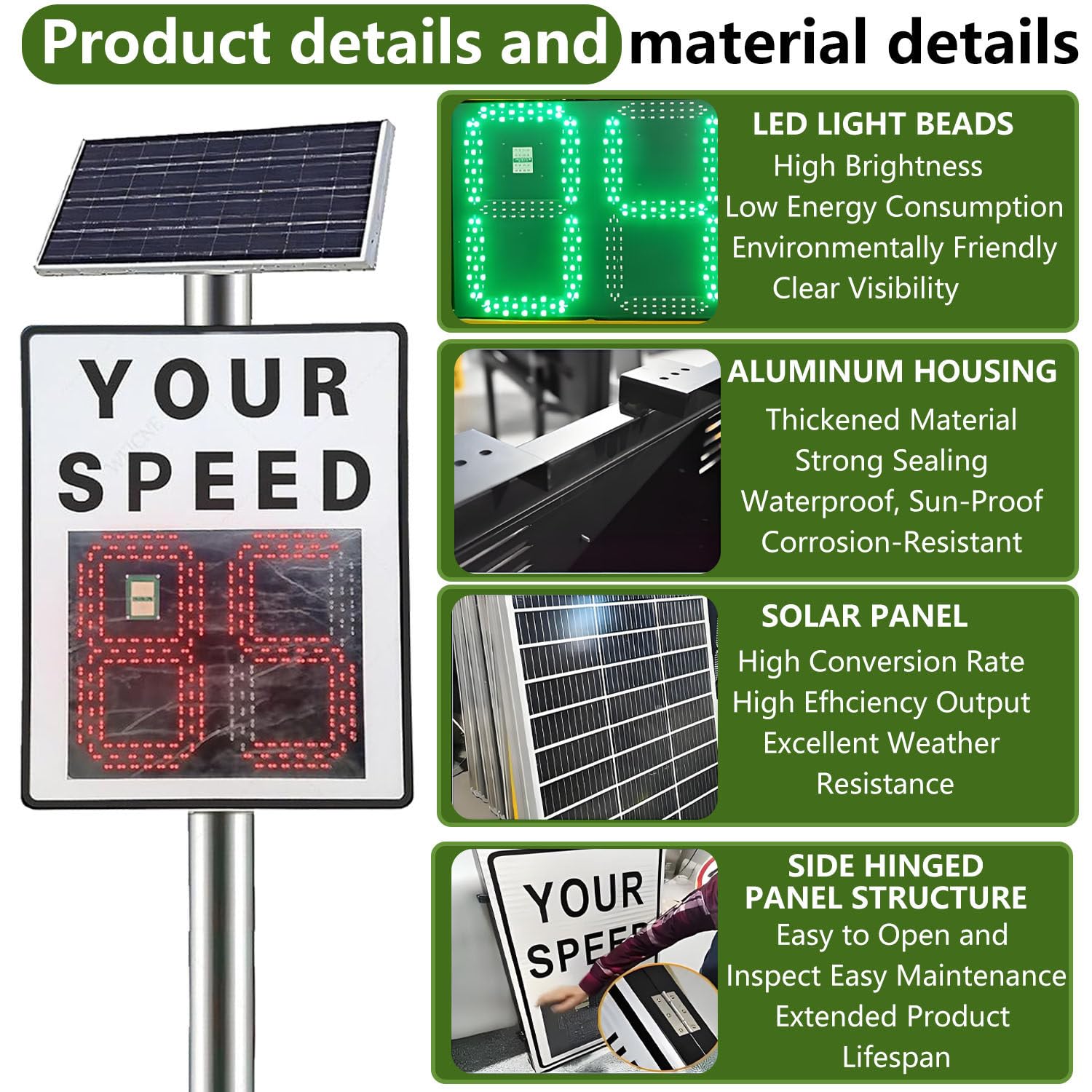 Señal de velocidad con radar, pantalla LED de velocidad alimentada por energía solar para zonas escolares, 500 mm x 700 mm, solución para el control de la seguridad vial.