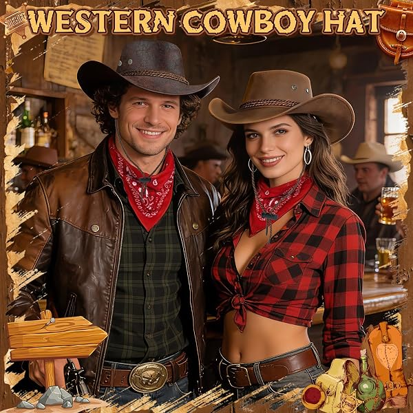 Set di 2 cappelli da cowboy e bandana, per costume da cowboy occidentale, con cappello da cowboy, bandana, per uomo e donna, Carnevale, Halloween, festa a tema, cosplay - 3