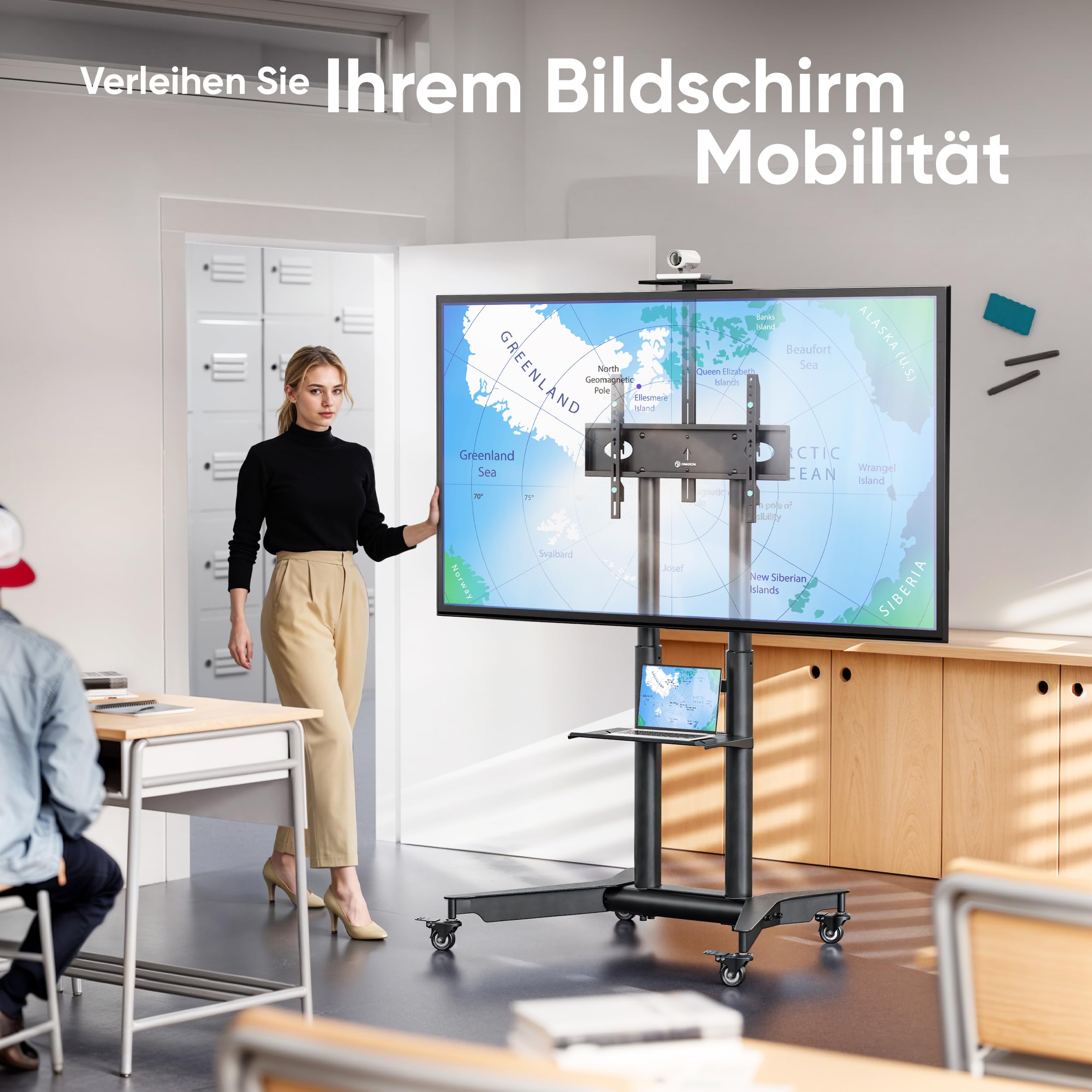 ONKRON TV Ständer rollbar für 32-75 Zoll Fernseher, max Last 60 kg, professioneller TV Standfuss höhenverstellbar mit Ablage, max VESA 600x400, Wagen Fernsehständer mit Rollen Schwarz TS1571-B
