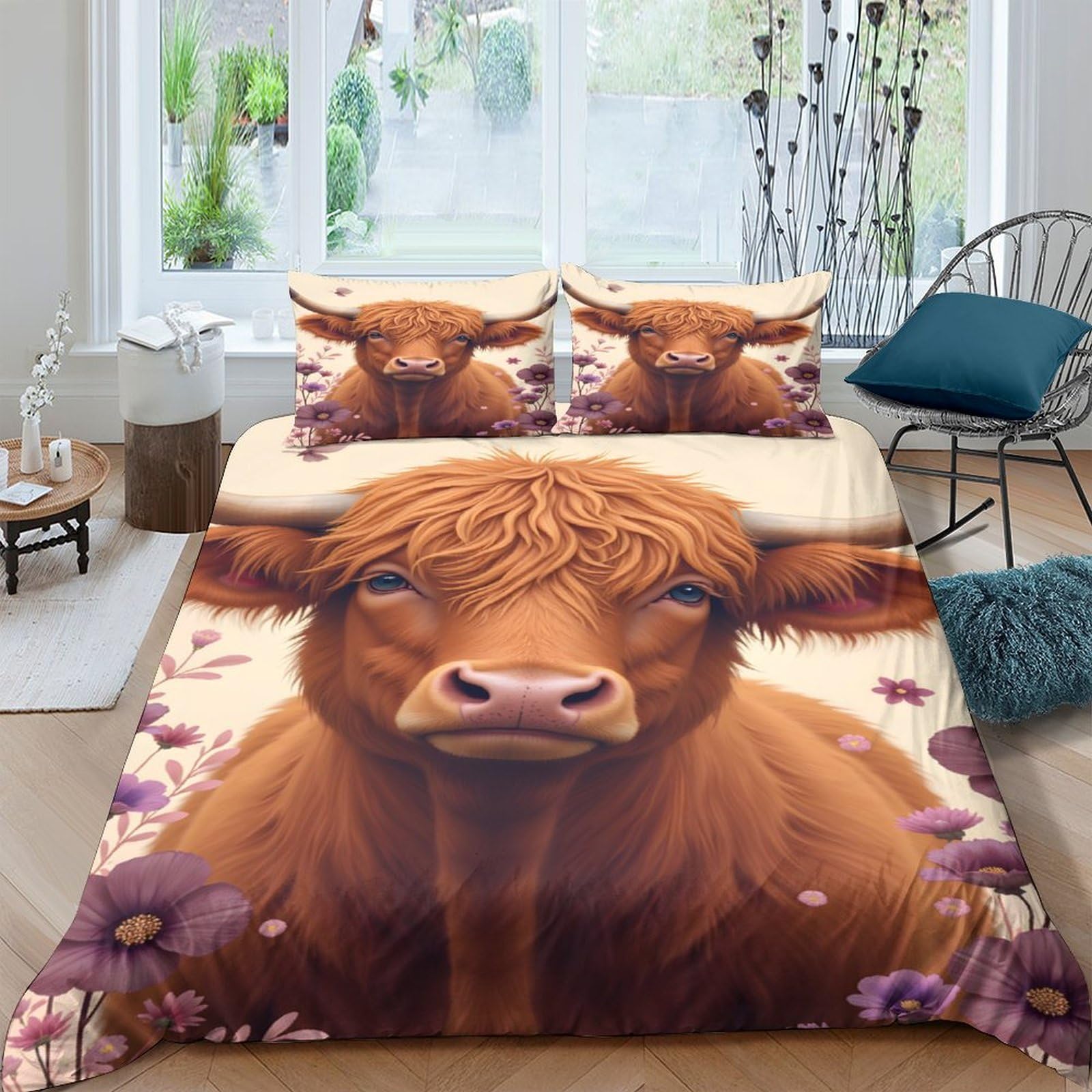 Ctjqhvkz Style-7 3D Printed Highland Cow Fitted Sheet Microfiber Soft Breathable Pastoral Flower Bed Cover For Bedroom Guest Room Decor Single（135X200cm）