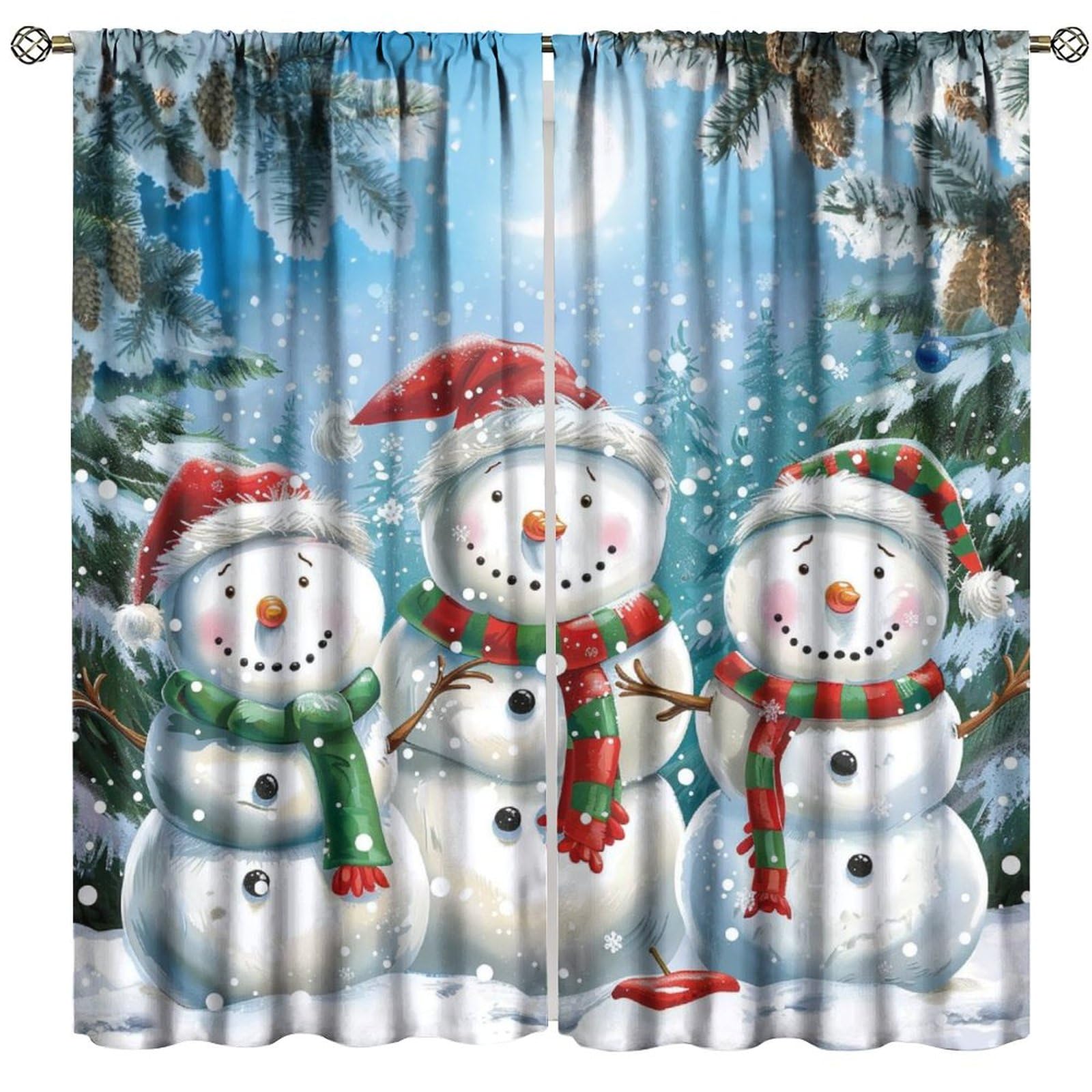 Christmas Snowman Curtains, Vintage Rustic Dreamy Snowy Pine Tree Forest Glitter Moon Pattern Window Treatments, Blackout Rod Pocket Drapes For Kid For Living Room Bedroom Bathroom Kitchen 42x54in