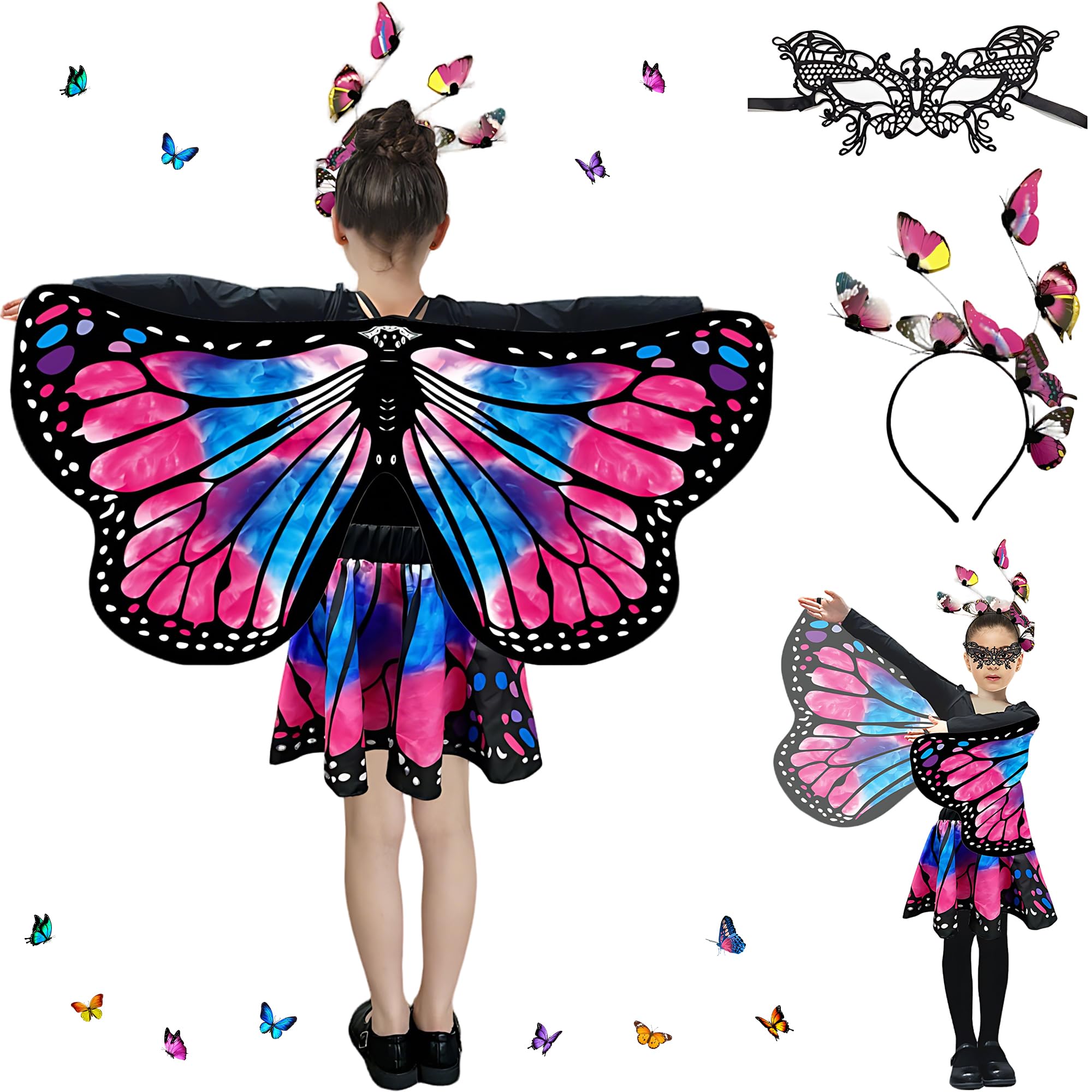 Sundonix Fasching Schmetterling Umhang für Kinder - Karneval Kostüm mit Schmetterlingskopfband und Maske, ideal für Karneval, Fasching und Cosplay